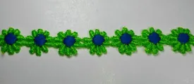 1" Venice Lace Daisy Trim Col. Lime / Blue - Put up: 10 Continuous Yards