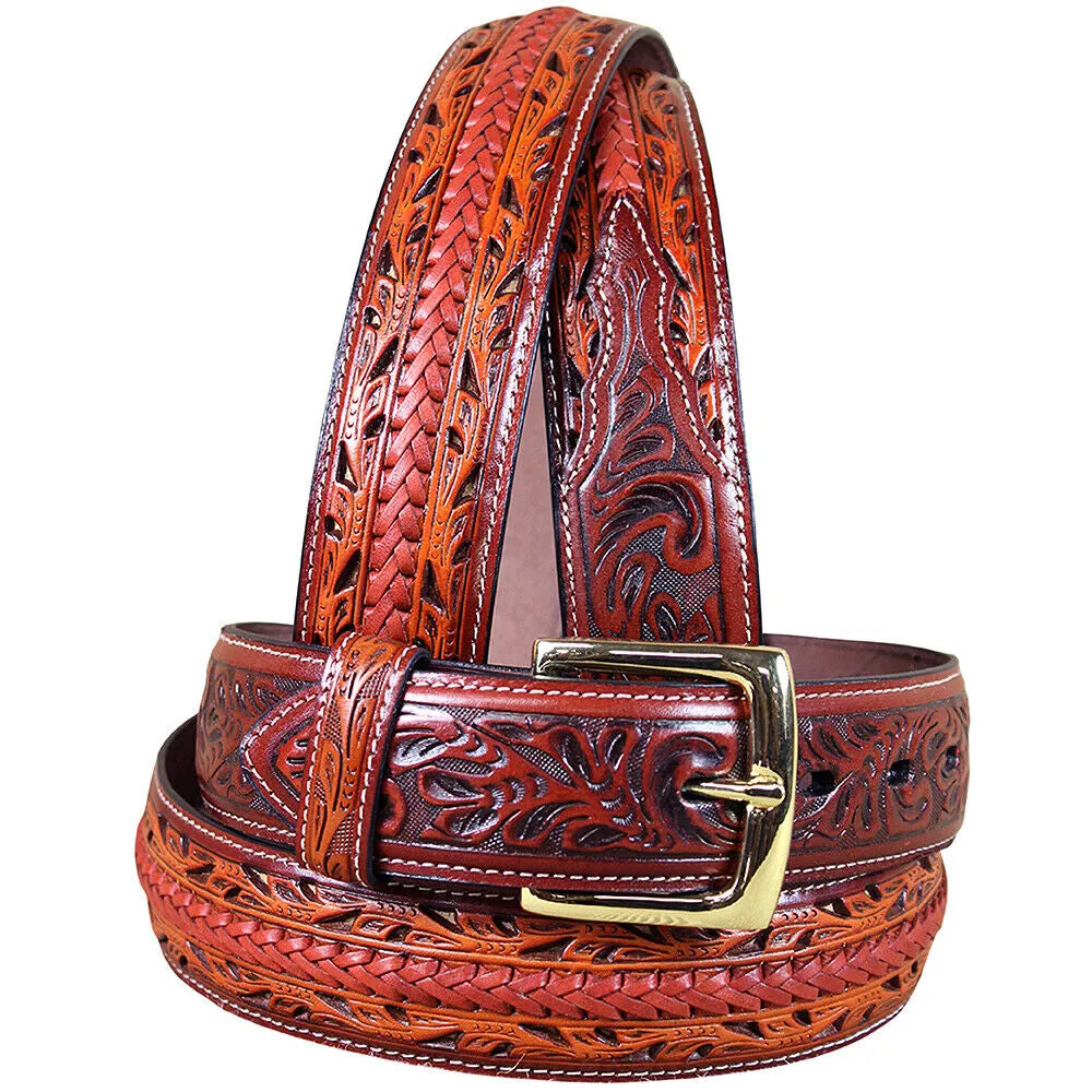 32 Inch 3D Brown Floral Mens Fashion Leather Belt Removable Buckle