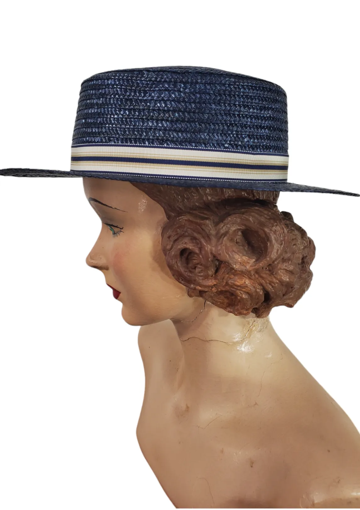 80s Navy Blue Straw Boater Hat