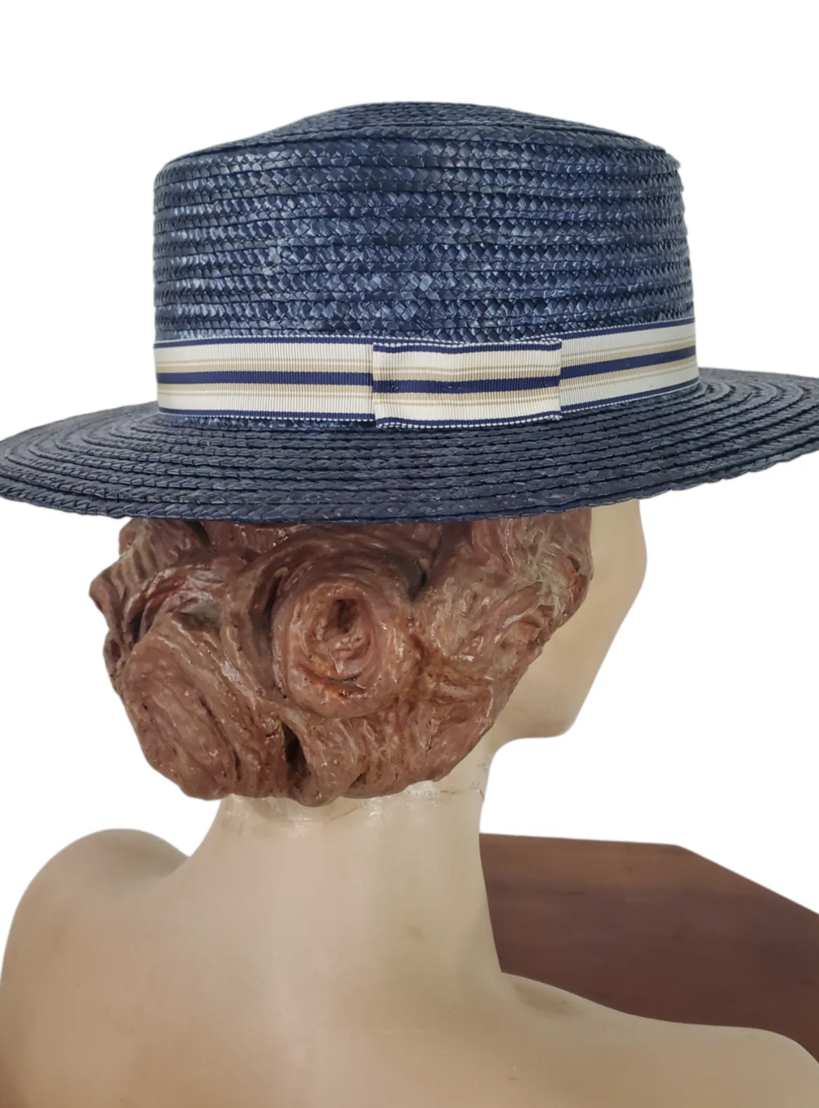 80s Navy Blue Straw Boater Hat