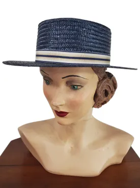 80s Navy Blue Straw Boater Hat