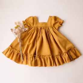 Amber Linen Short Sleeve Square Neck Dress with Ruffled Hem