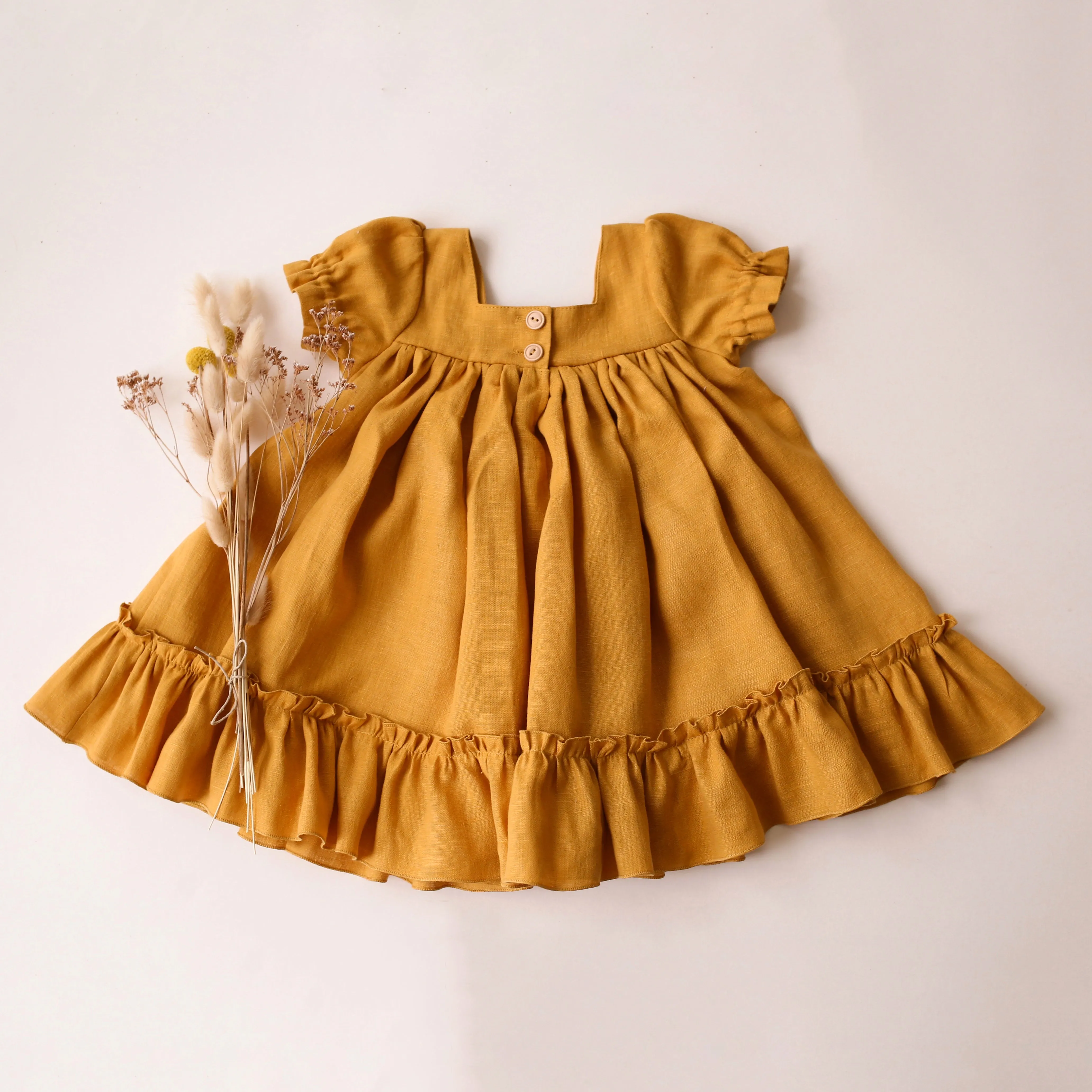 Amber Linen Short Sleeve Square Neck Dress with Ruffled Hem