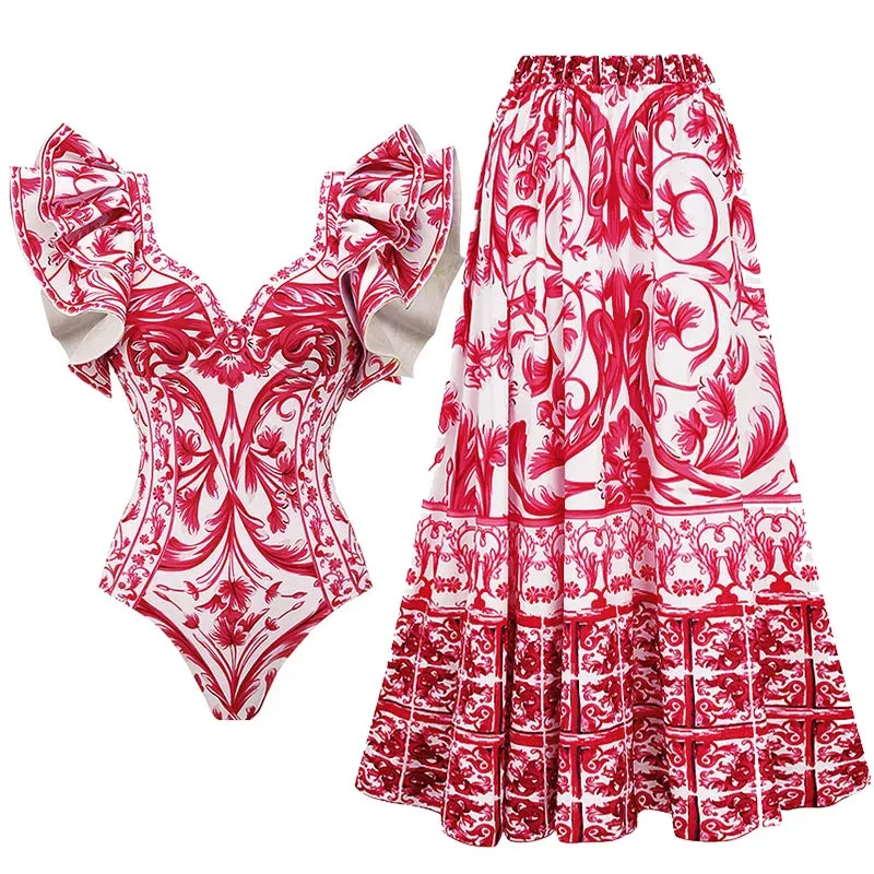 Assorted Ruffled Tummy Control One Piece Swimwear and Skirt