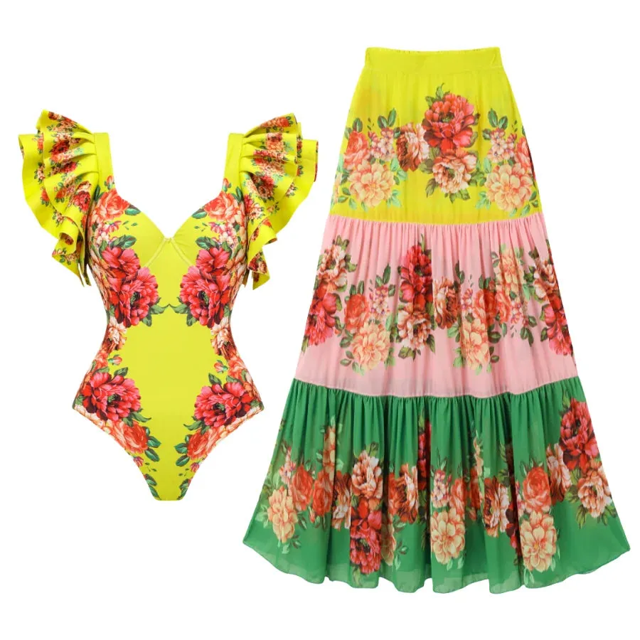 Assorted Ruffled Tummy Control One Piece Swimwear and Skirt