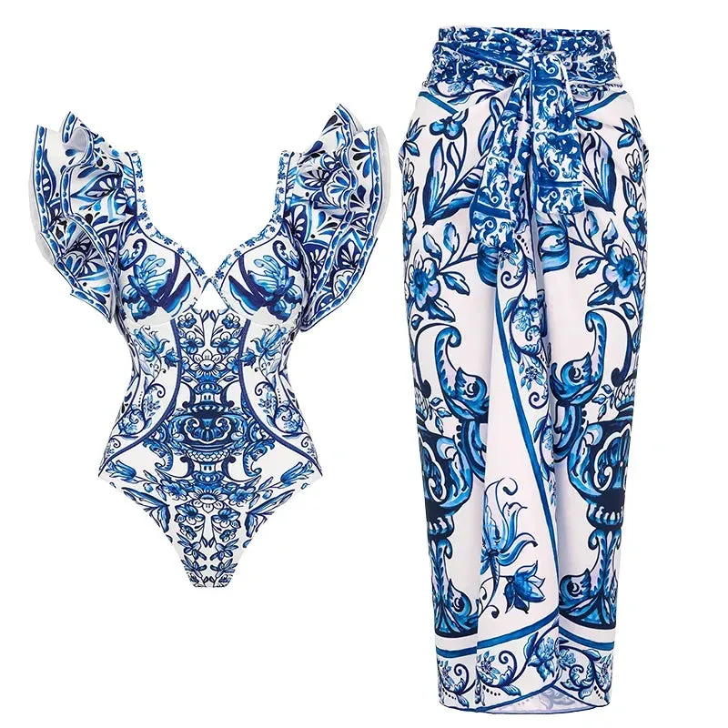 Assorted Ruffled Tummy Control One Piece Swimwear and Skirt
