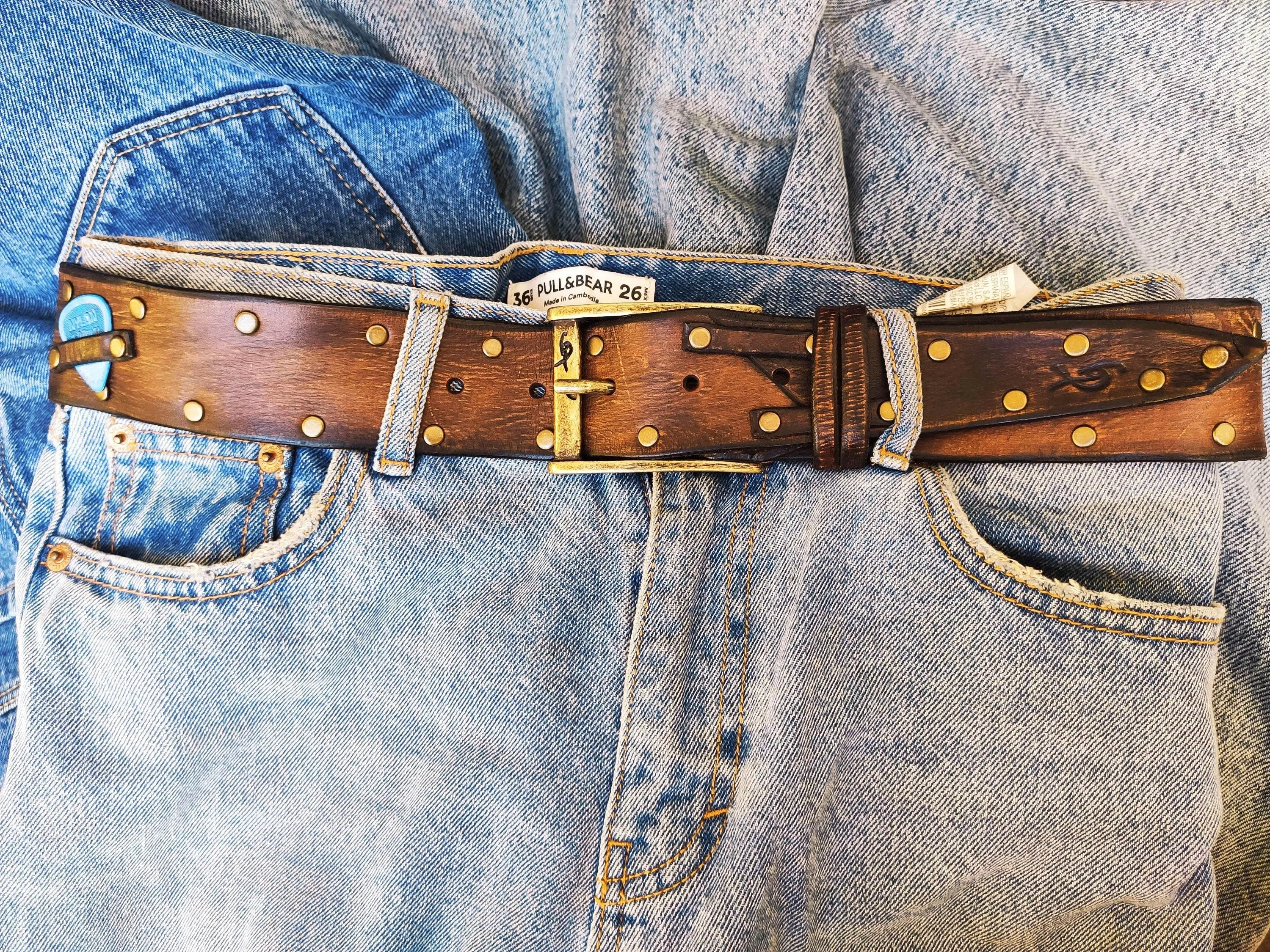 Brown Leather Belt for Guitarists Two-Tone Design Pick Storage and Bronze Studs