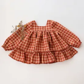 Butternut Check Linen Long Sleeve Ruffled Hem Top