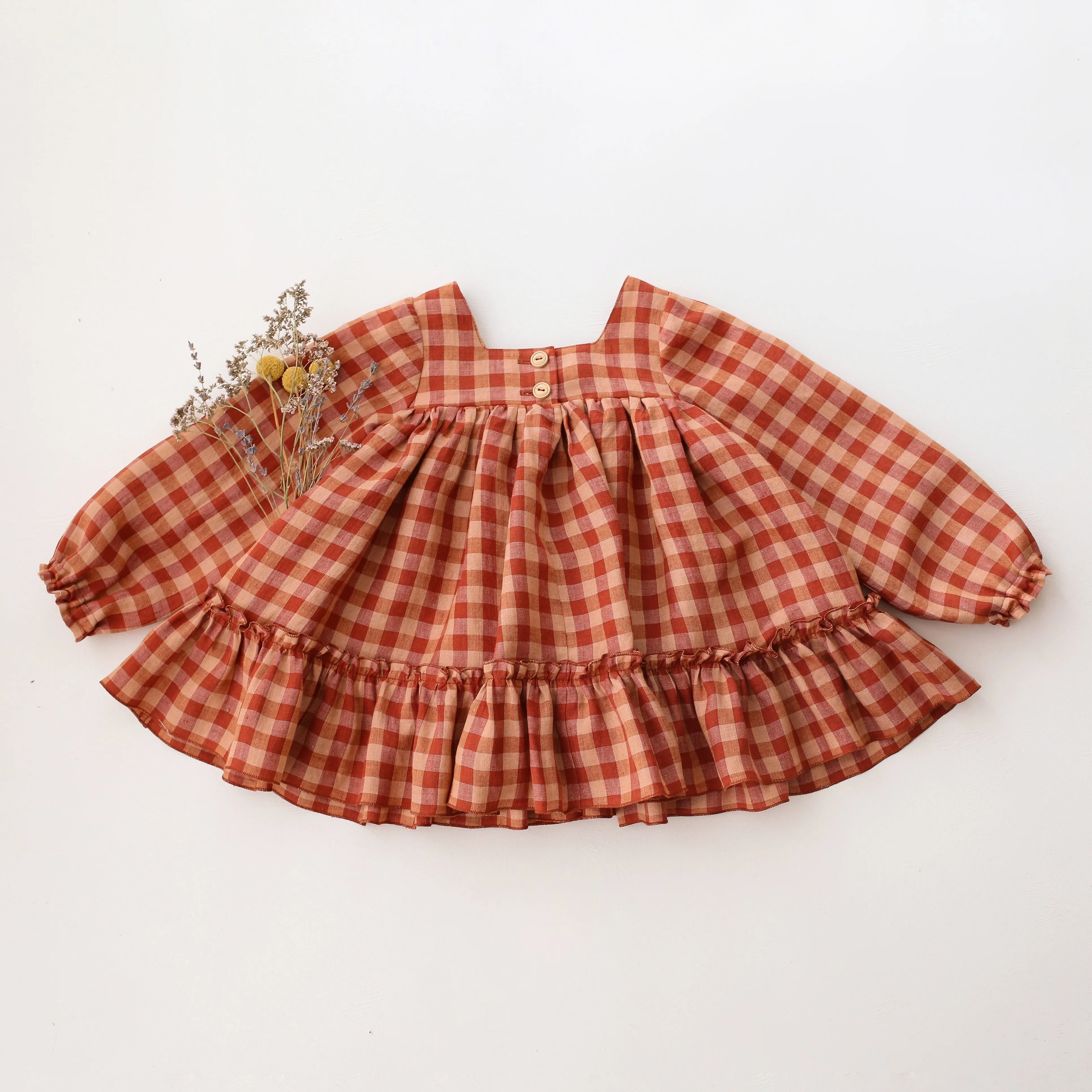 Butternut Check Linen Long Sleeve Ruffled Hem Top