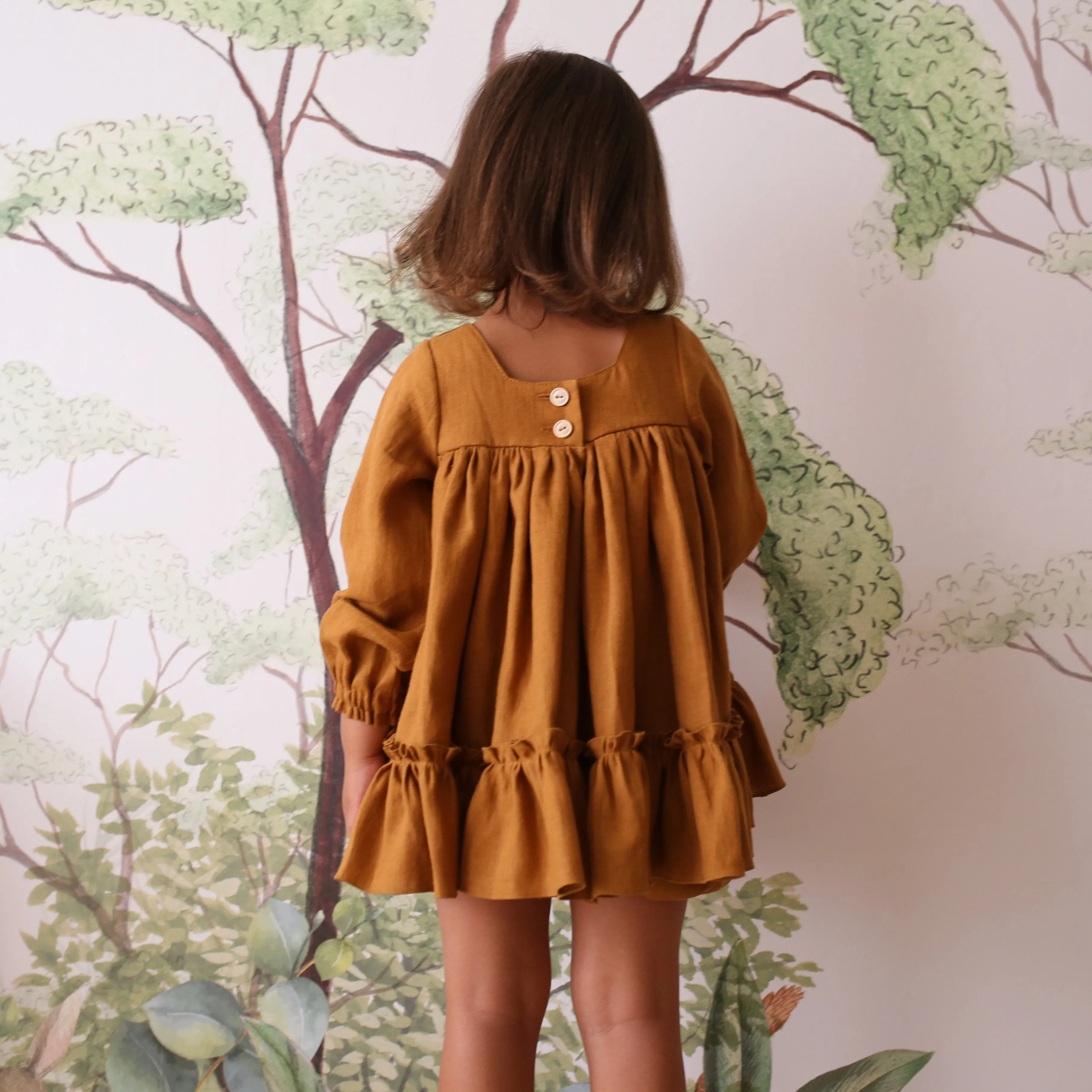 Butternut Check Linen Long Sleeve Ruffled Hem Top