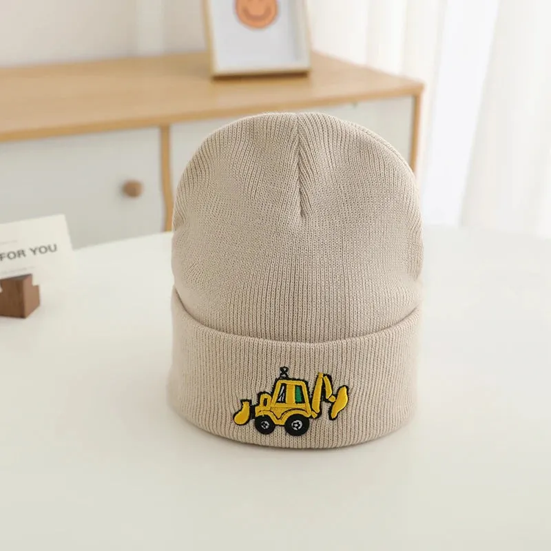 Casual Knitted Cartoon Excavator Embroidered Kids Caps
