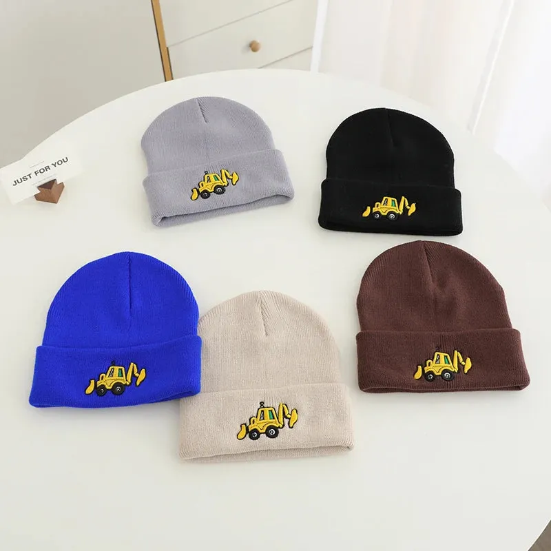 Casual Knitted Cartoon Excavator Embroidered Kids Caps