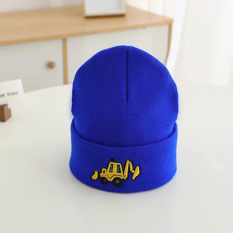 Casual Knitted Cartoon Excavator Embroidered Kids Caps