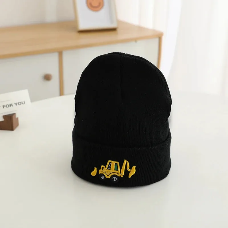 Casual Knitted Cartoon Excavator Embroidered Kids Caps