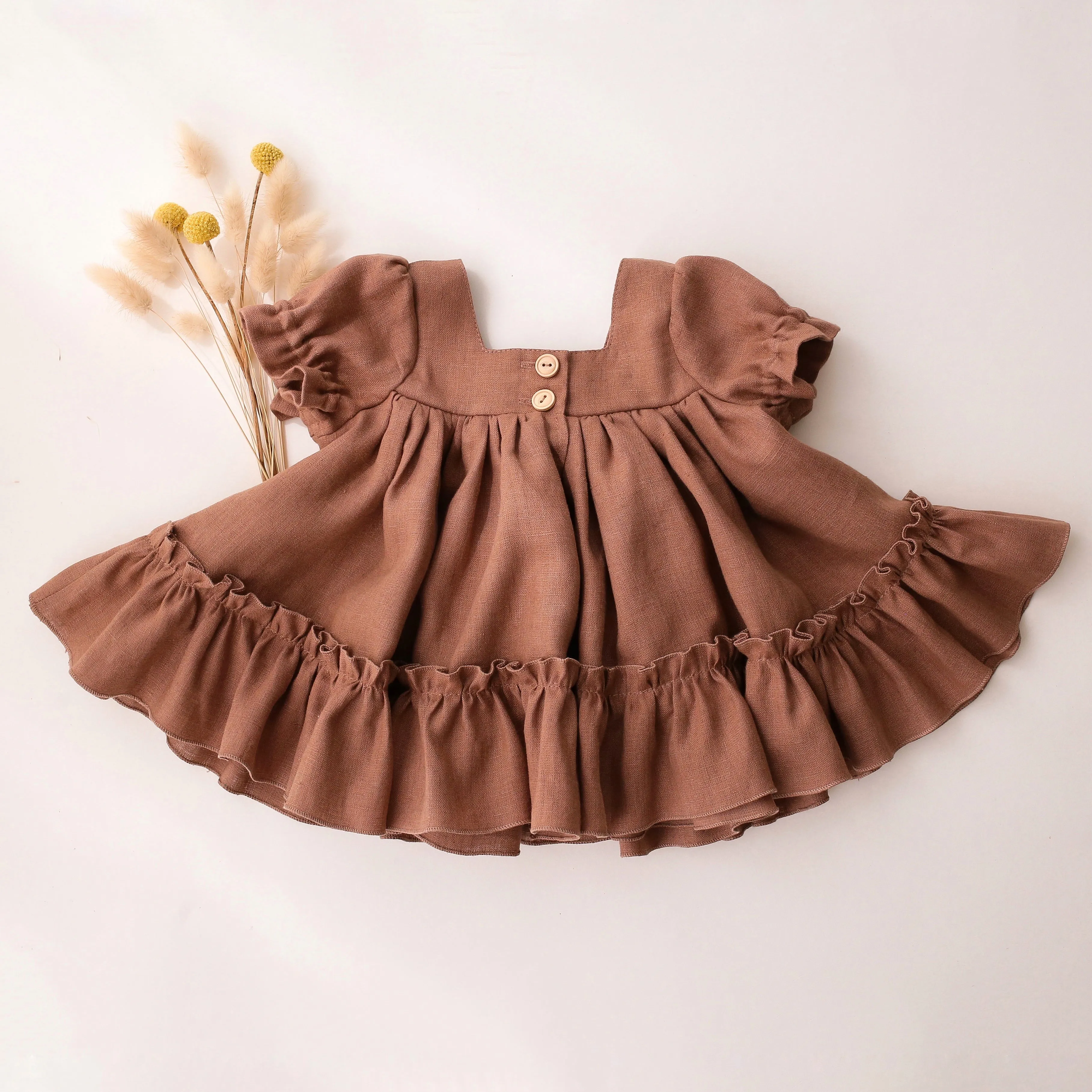 Cocoa Brown Linen Short Sleeve Square Neck Ruffled Hem Top