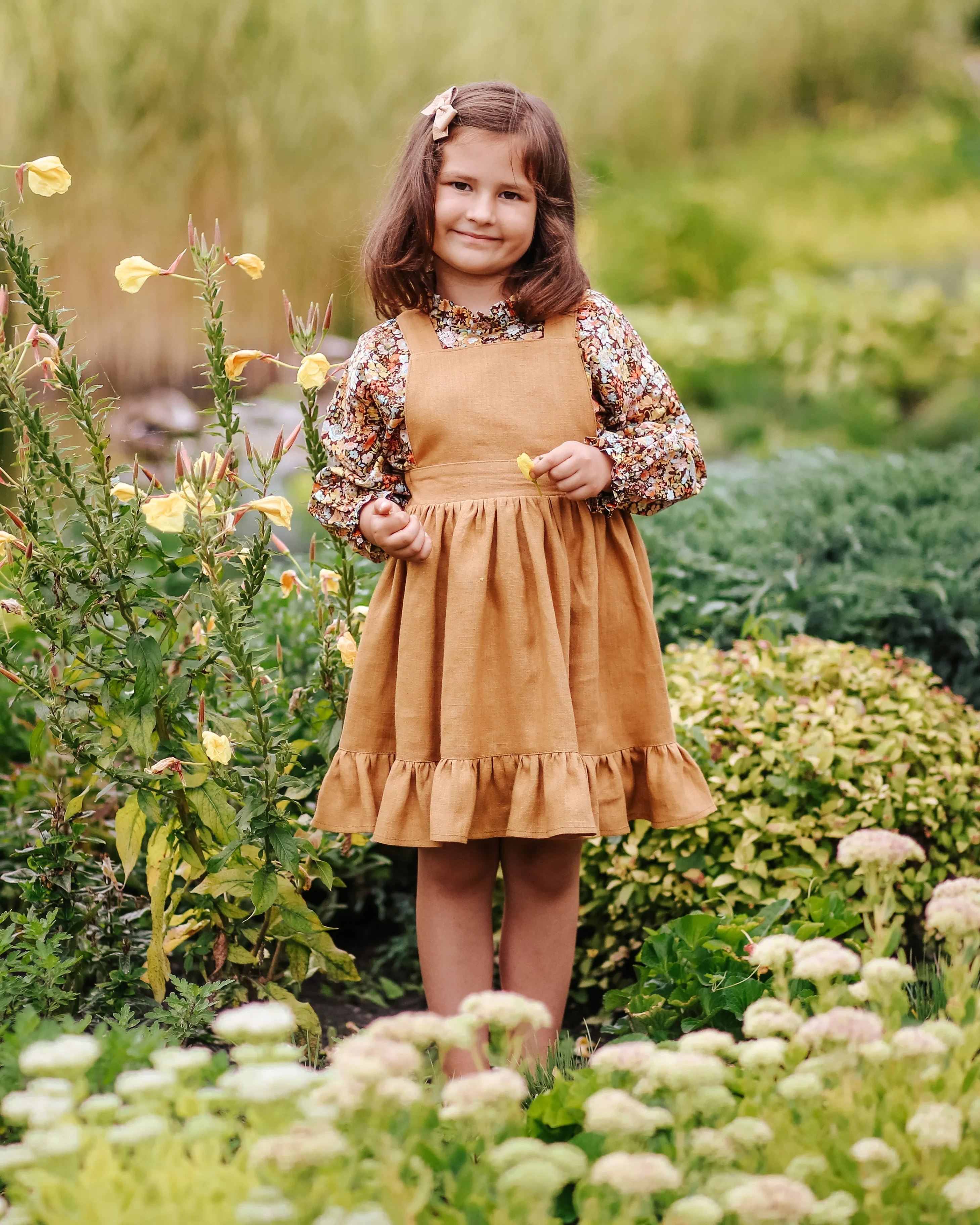 Cocoa Brown Linen Straps Pinafore with Ruffled Hem