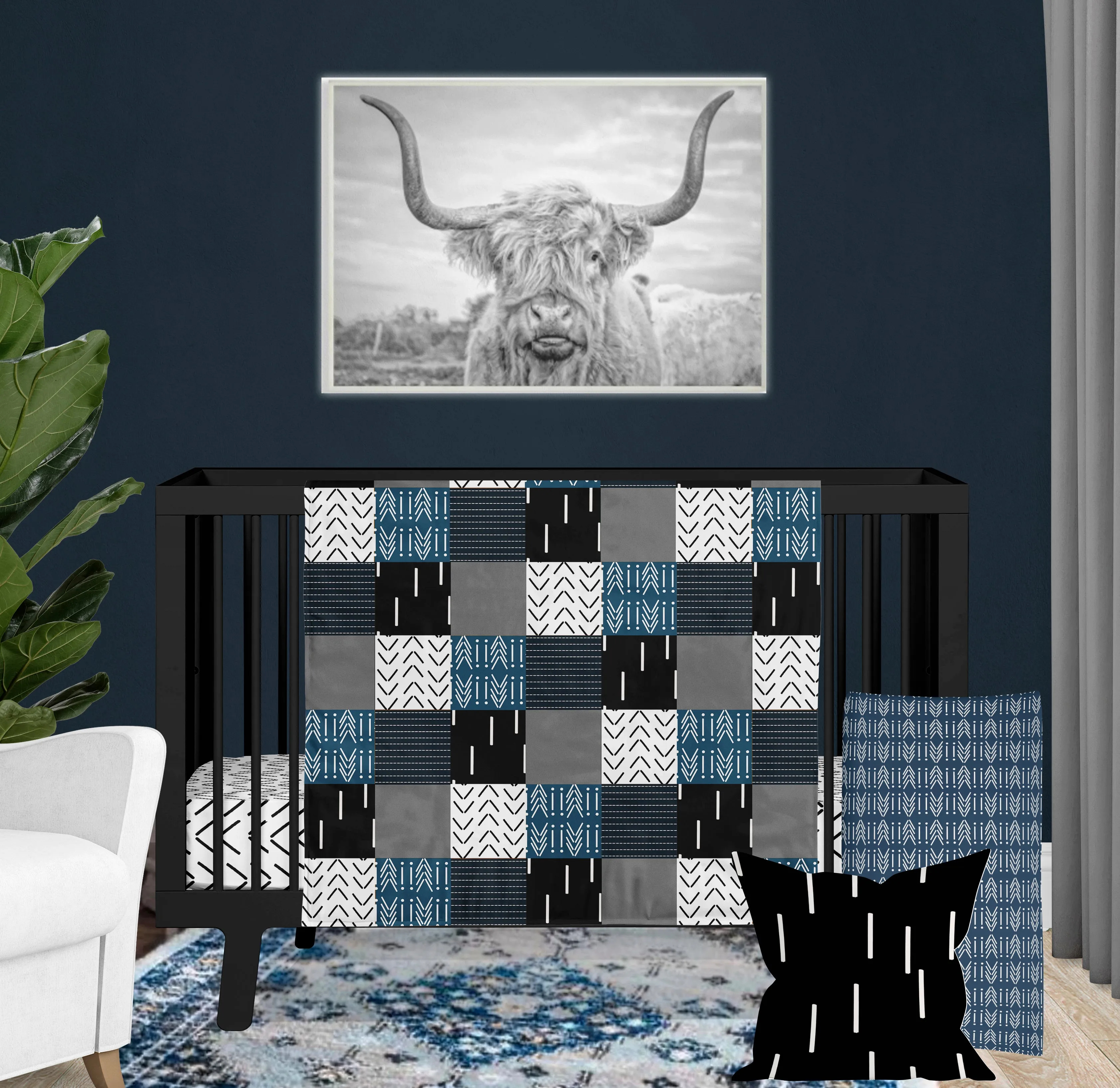 CRIB BEDDING - MODERN MUDCLOTH BOHO BLUE AND BLACK