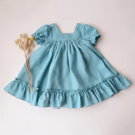 Duck Egg Blue Linen Short Sleeve Square Neck Dress with Ruffled Hem