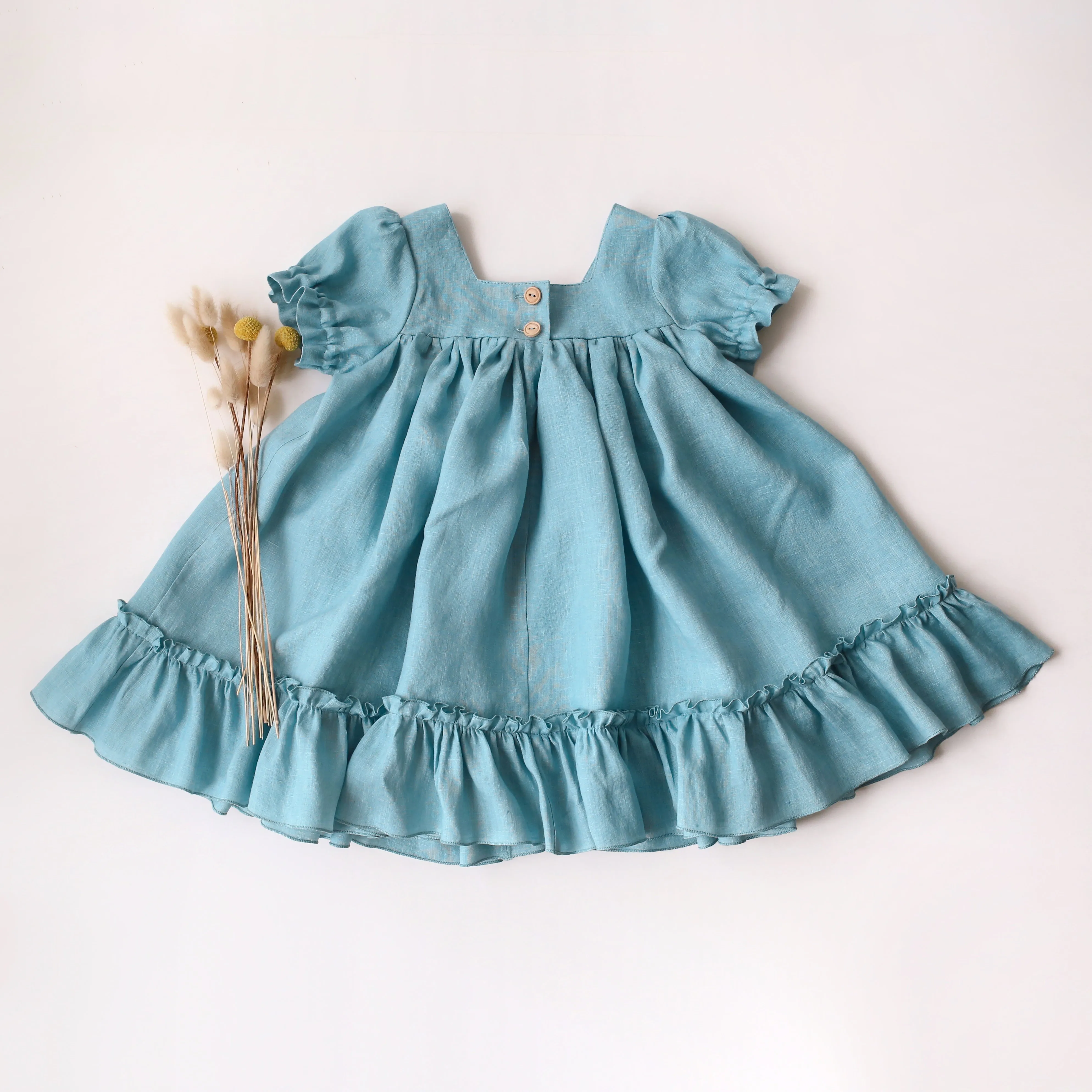 Duck Egg Blue Linen Short Sleeve Square Neck Dress with Ruffled Hem