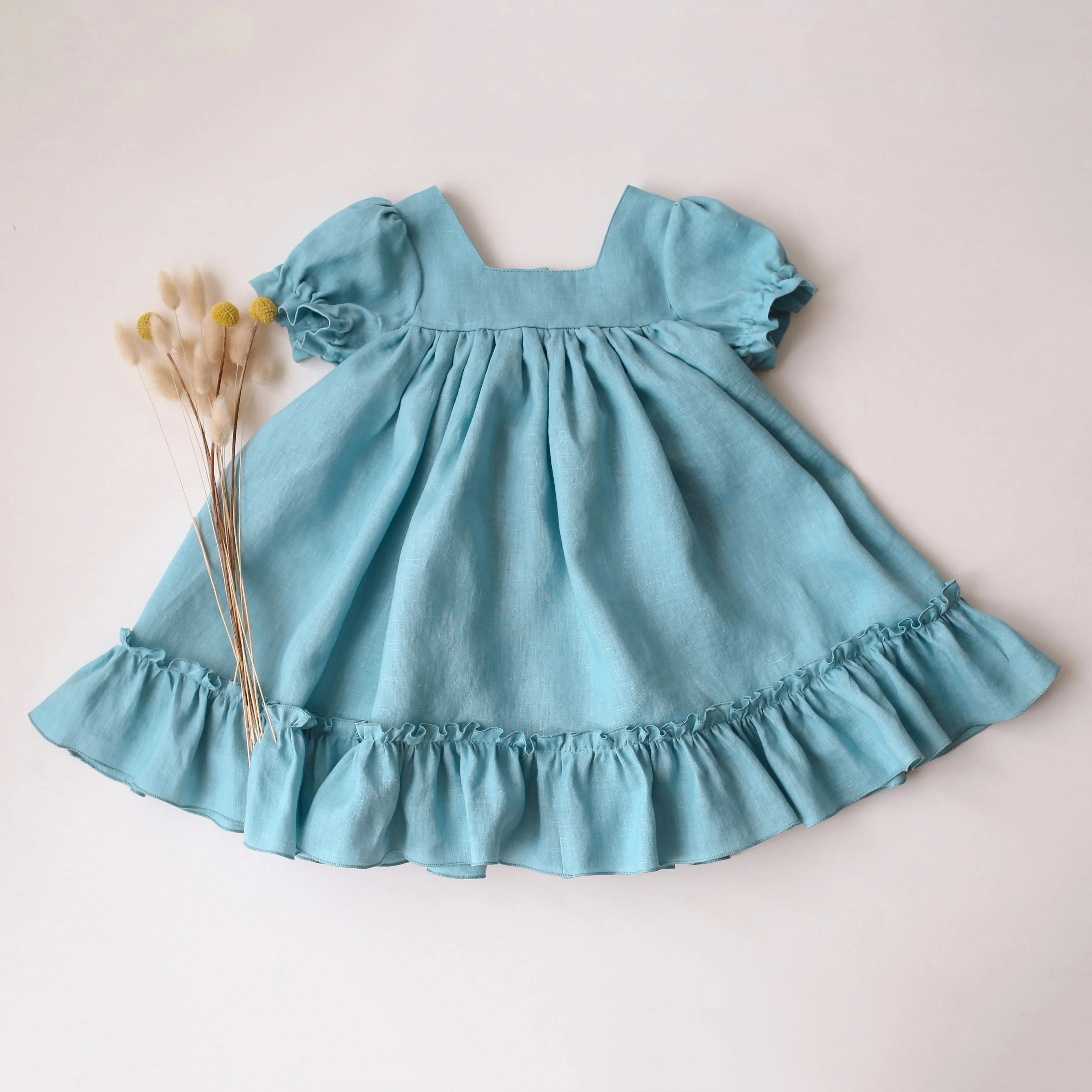 Duck Egg Blue Linen Short Sleeve Square Neck Dress with Ruffled Hem