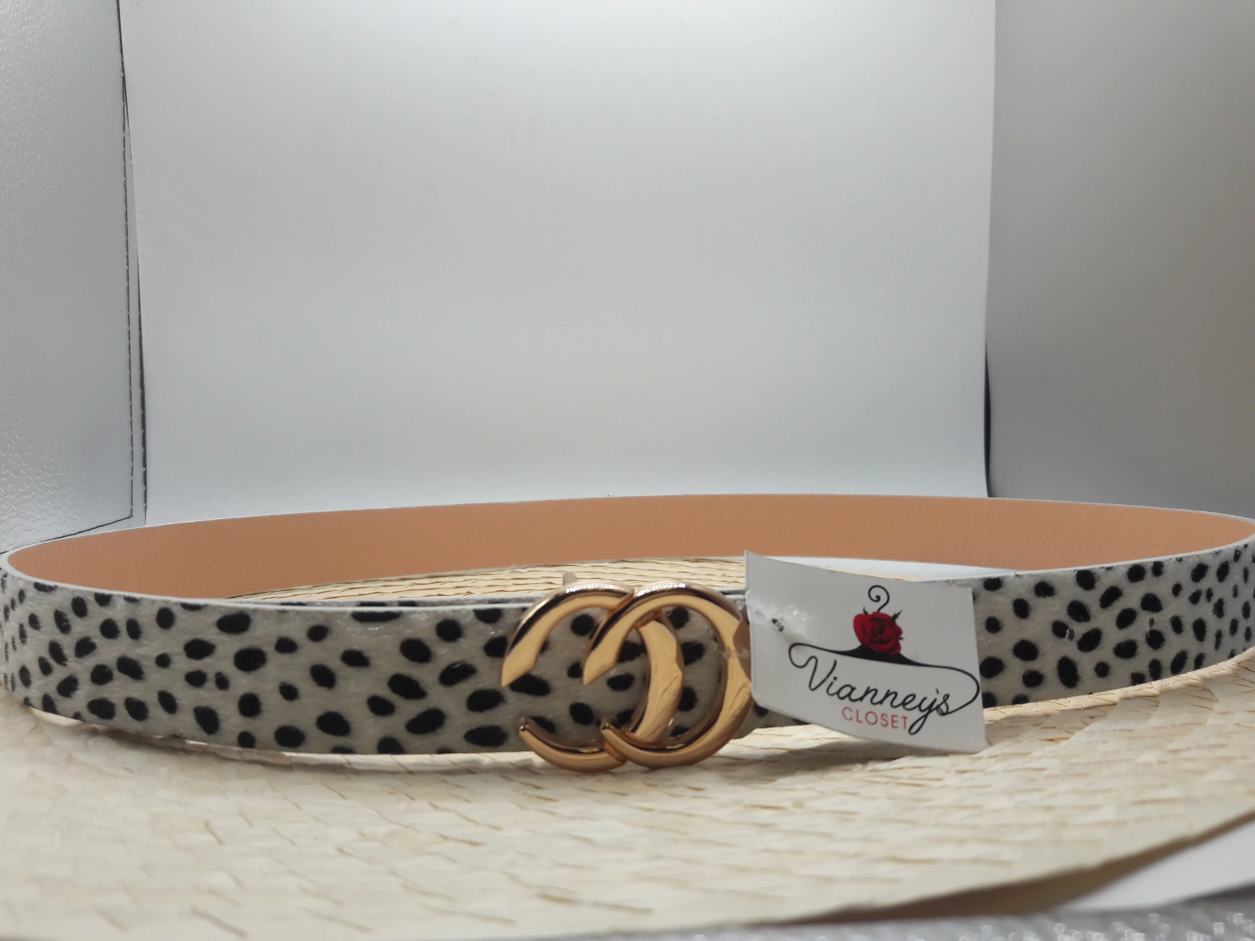 Fabiela Ivory, Sand, or Olive Green Leopard Print Belt with Gold Tone Buckle and Faux Leather Trim