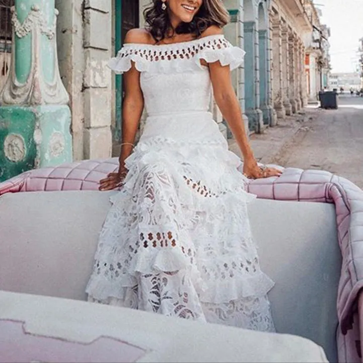 Fashion Off-Shoulder Ruffled Lace Dress