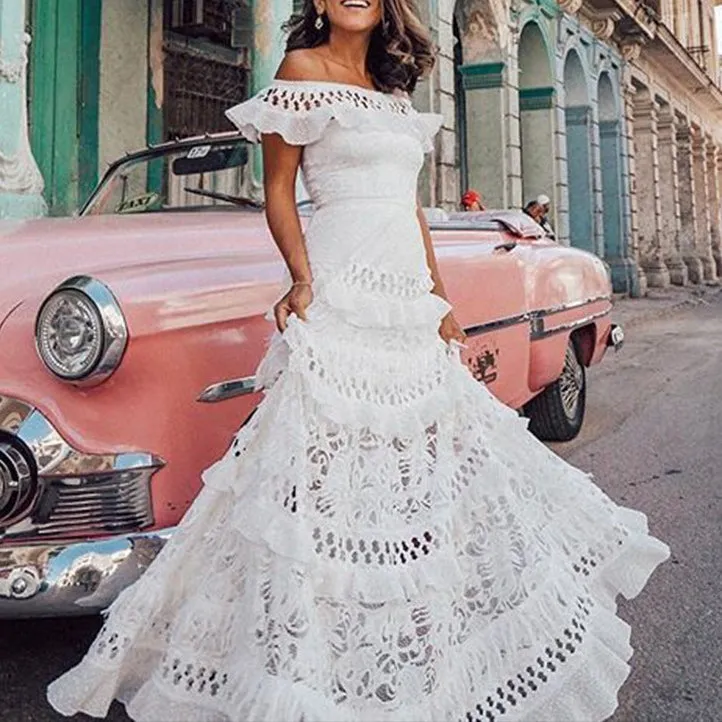 Fashion Off-Shoulder Ruffled Lace Dress