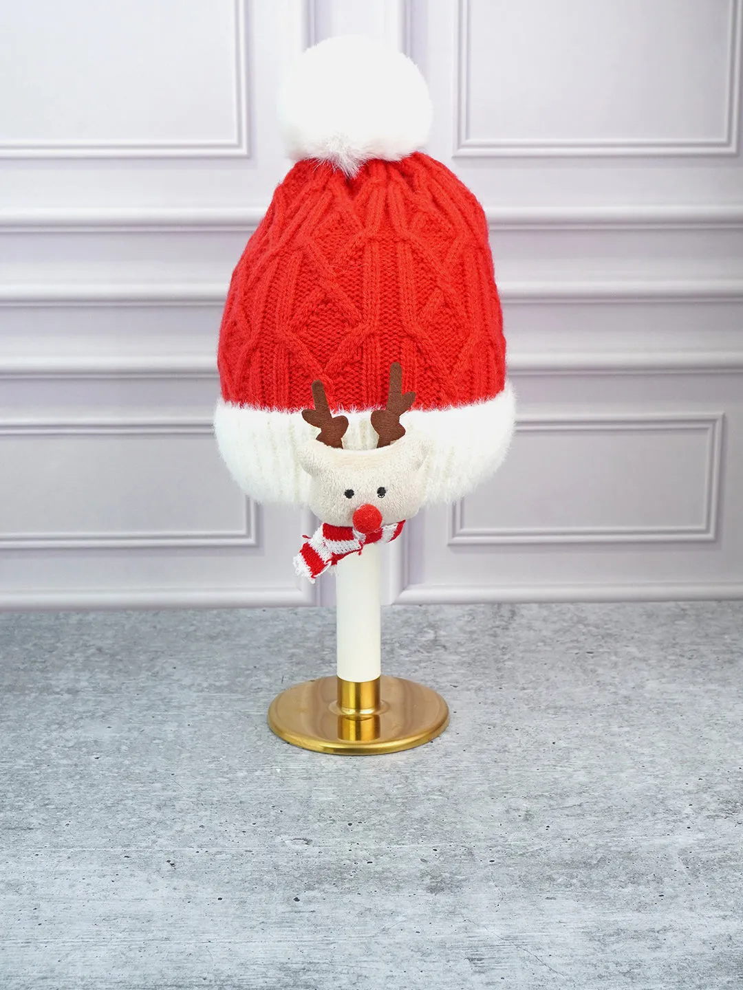 Little Surprise Box 2Pcs Red Reindeer Themed Winter Cap Beanie With Matching Long Style Neck Muffler