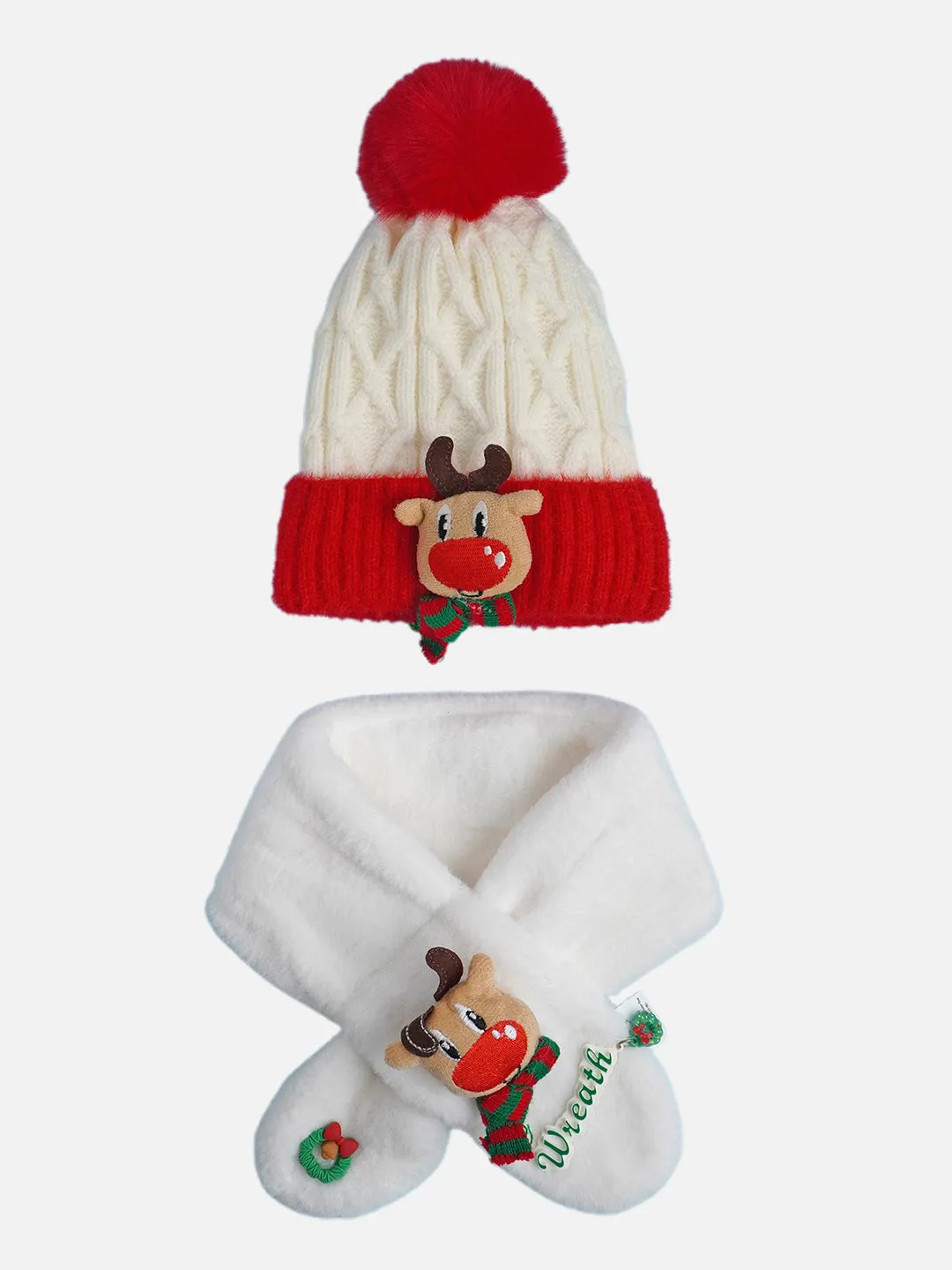 Little Surprise Box 2Pcs Red Reindeer Themed Winter Cap Beanie With Matching Long Style Neck Muffler