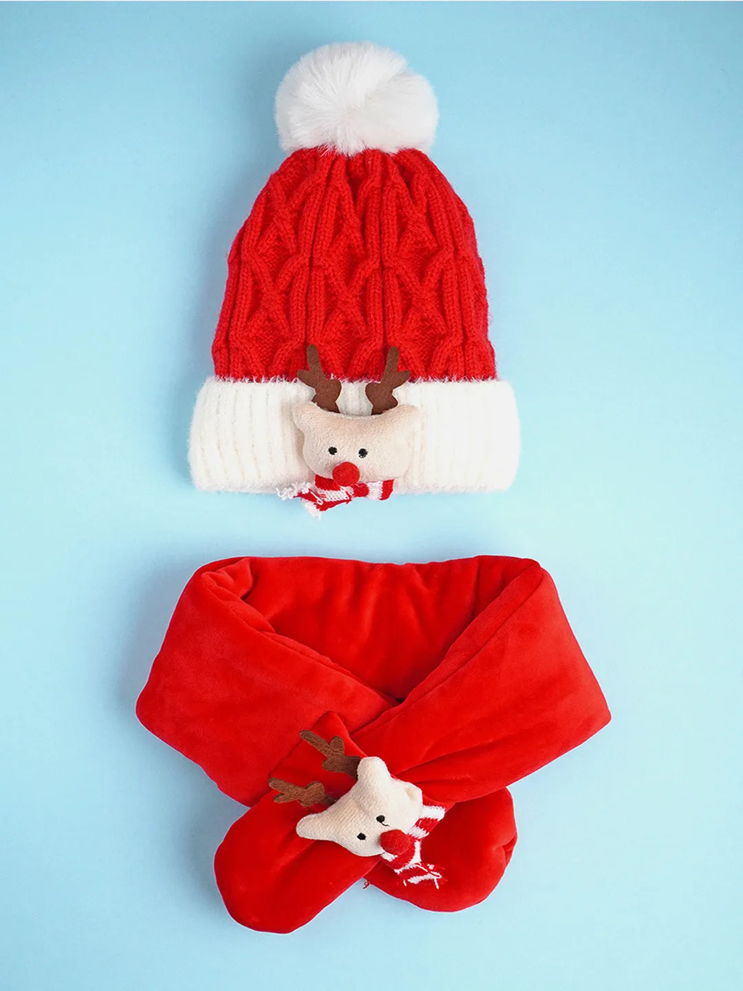Little Surprise Box 2Pcs Red Reindeer Themed Winter Cap Beanie With Matching Long Style Neck Muffler