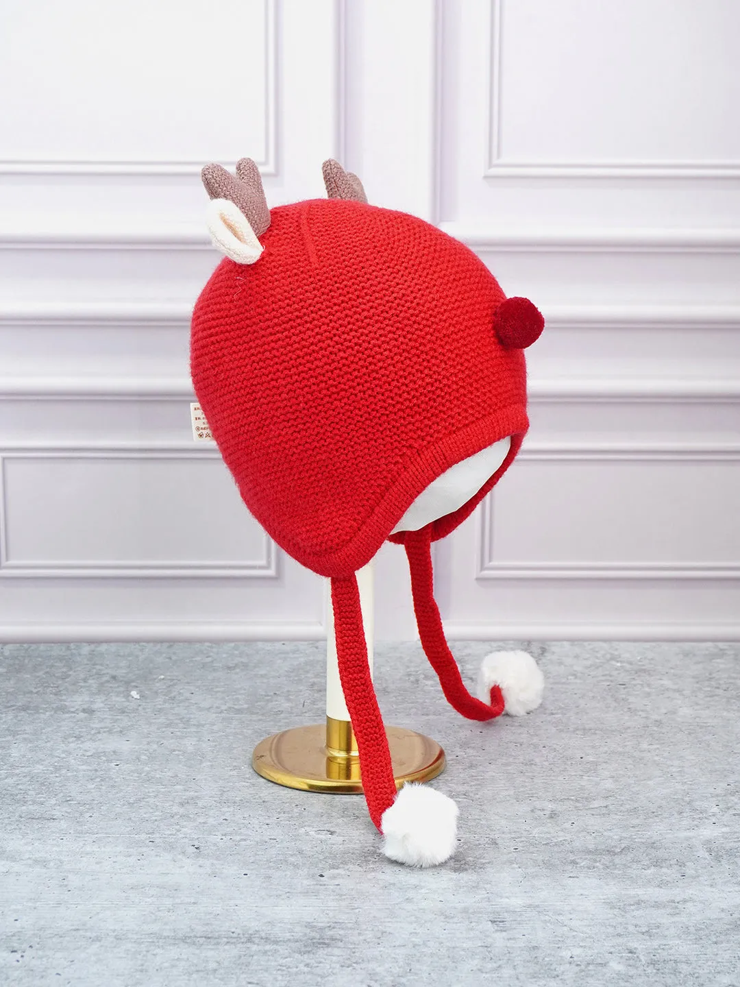 Little Surprise Box Antler Knitted Soft Woolen Winter Cap With Tie