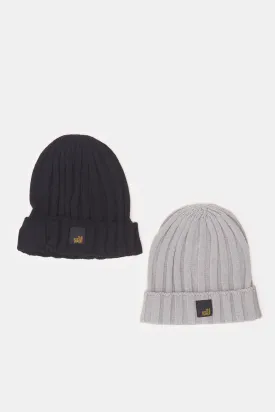 Men Black And  Grey Knitted Cap Set Of (2 Piece)