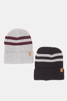 Men White And Black Knitted Cap Set (Pack of 2)