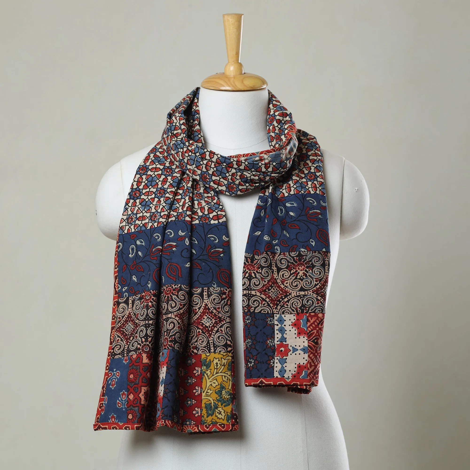 Multicolor - Ajrakh Block Printed Patchwork Cotton Stole 16