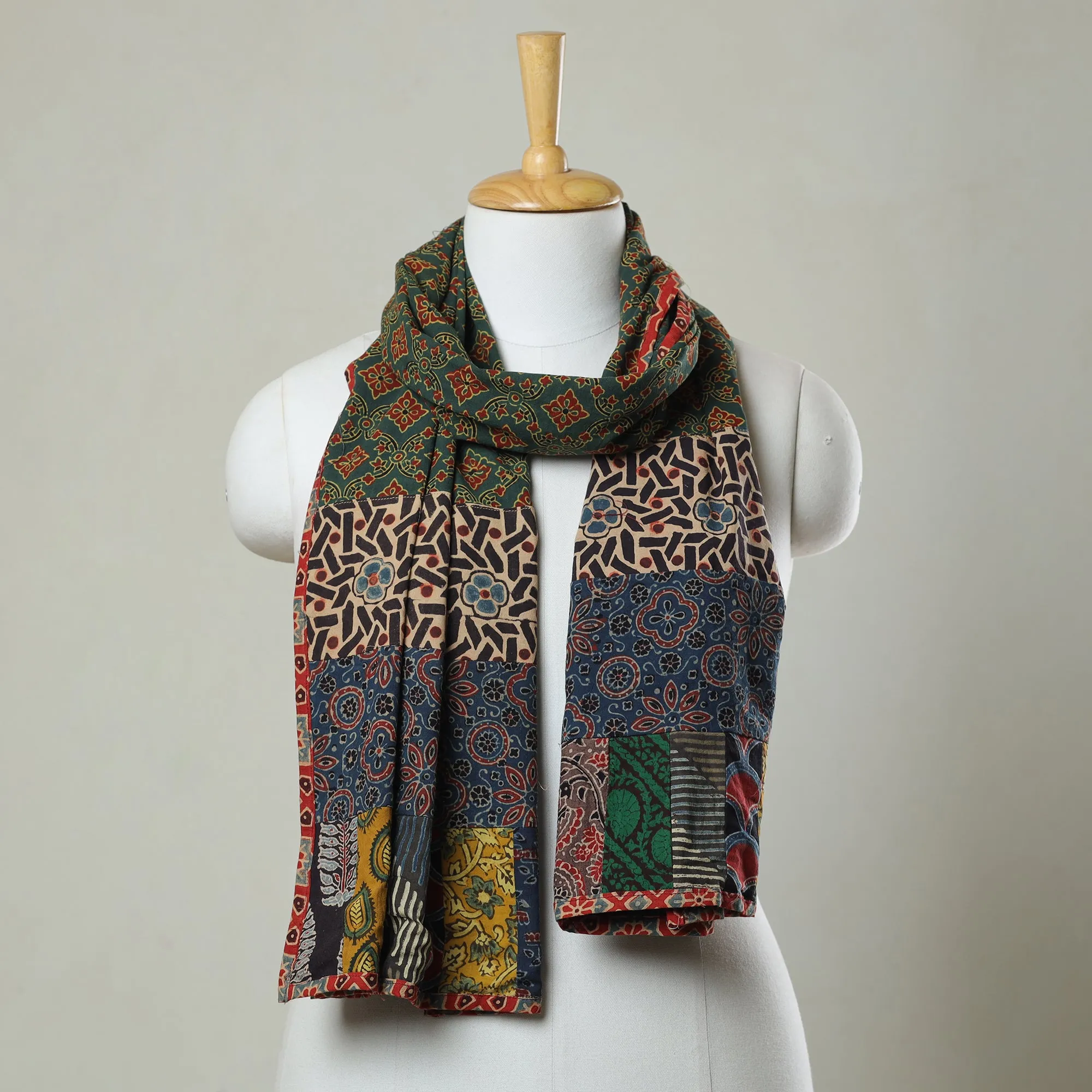 Multicolor - Ajrakh Block Printed Patchwork Cotton Stole 21