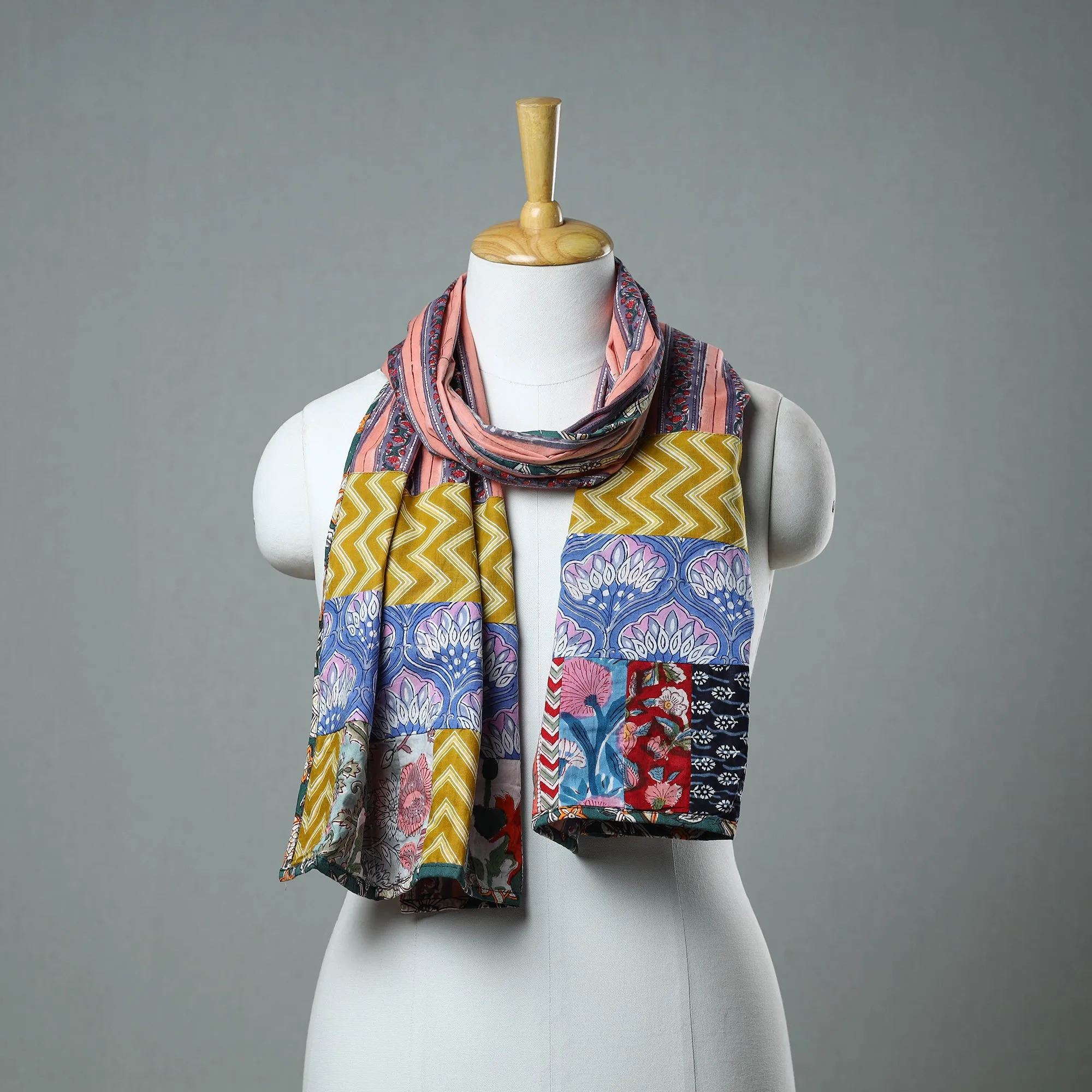 Multicolor - Patchwork Cotton Sanganeri Block Print Stole 08