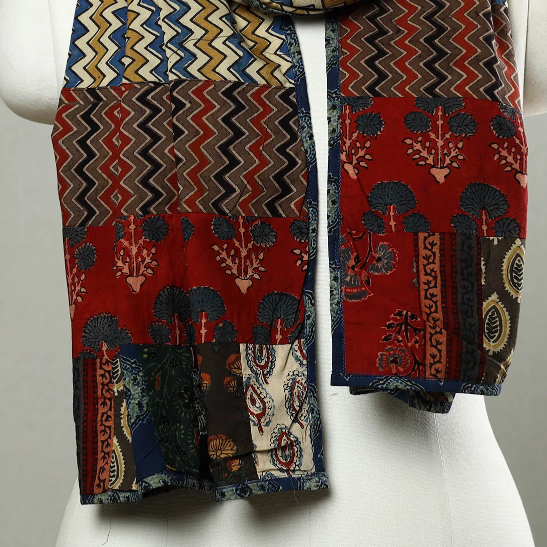 Multicolor - Patchwork Cotton Stole in Ajrakh Block Prints 55
