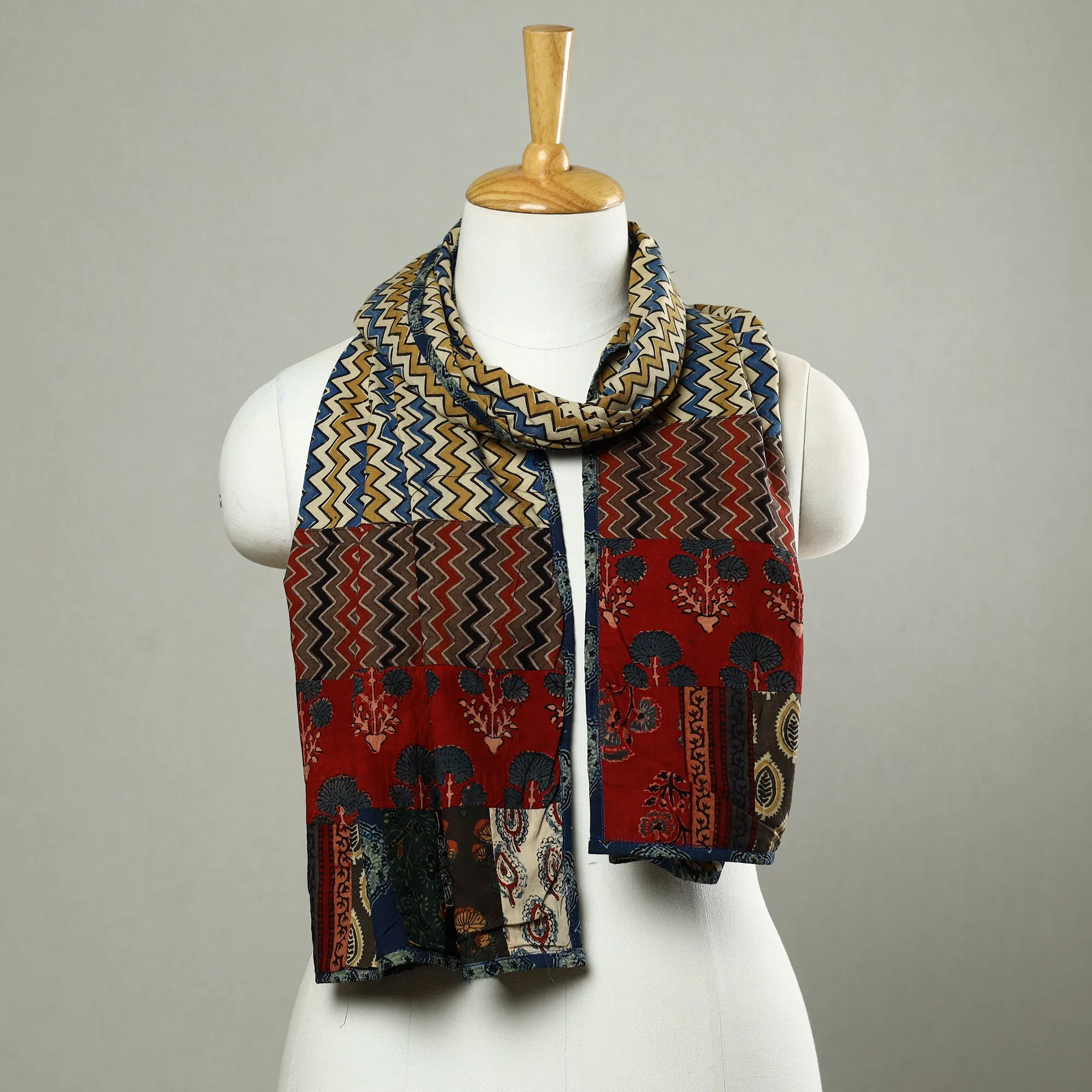 Multicolor - Patchwork Cotton Stole in Ajrakh Block Prints 55