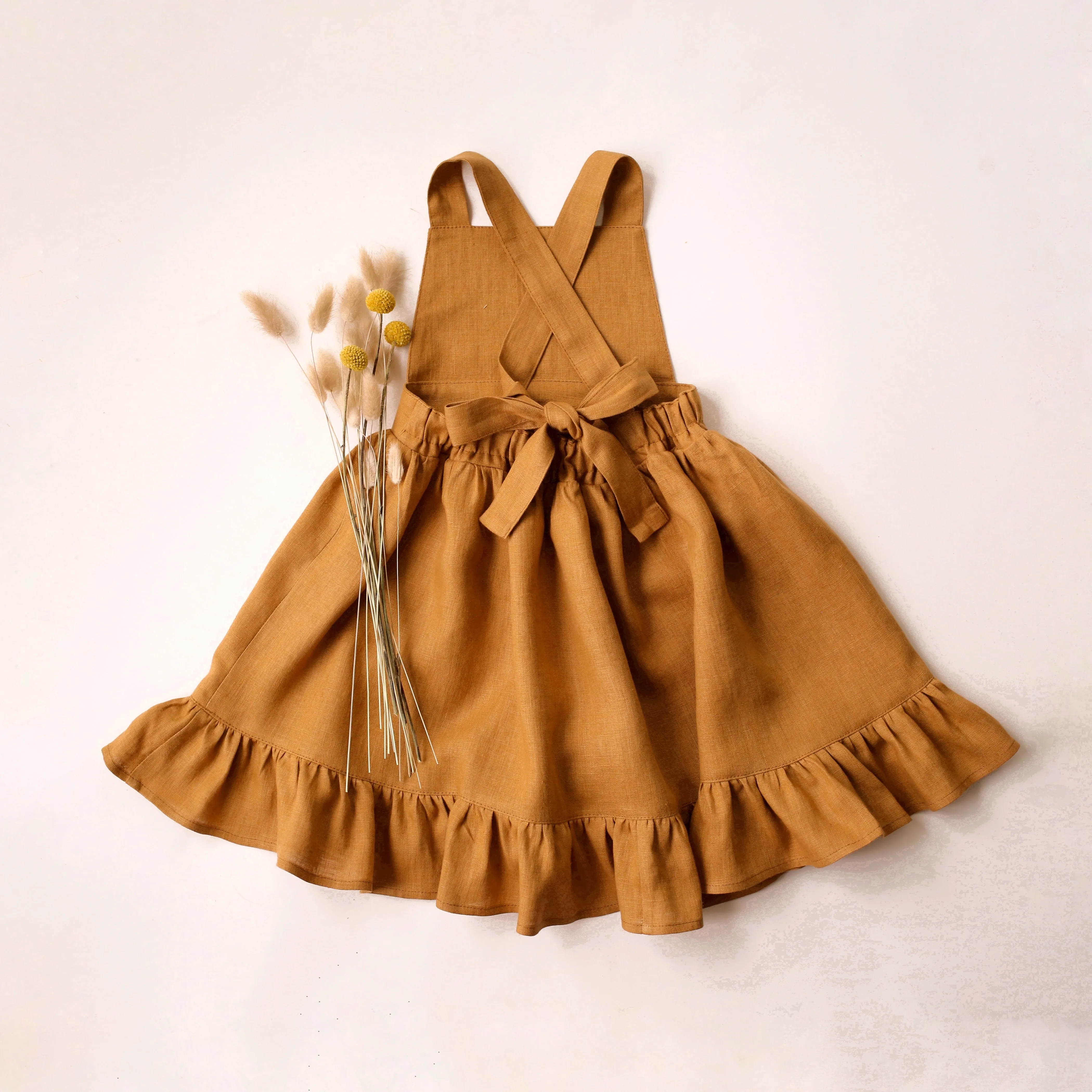 Mustard Linen Straps Pinafore with Ruffled Hem
