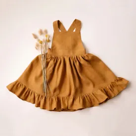 Mustard Linen Straps Pinafore with Ruffled Hem