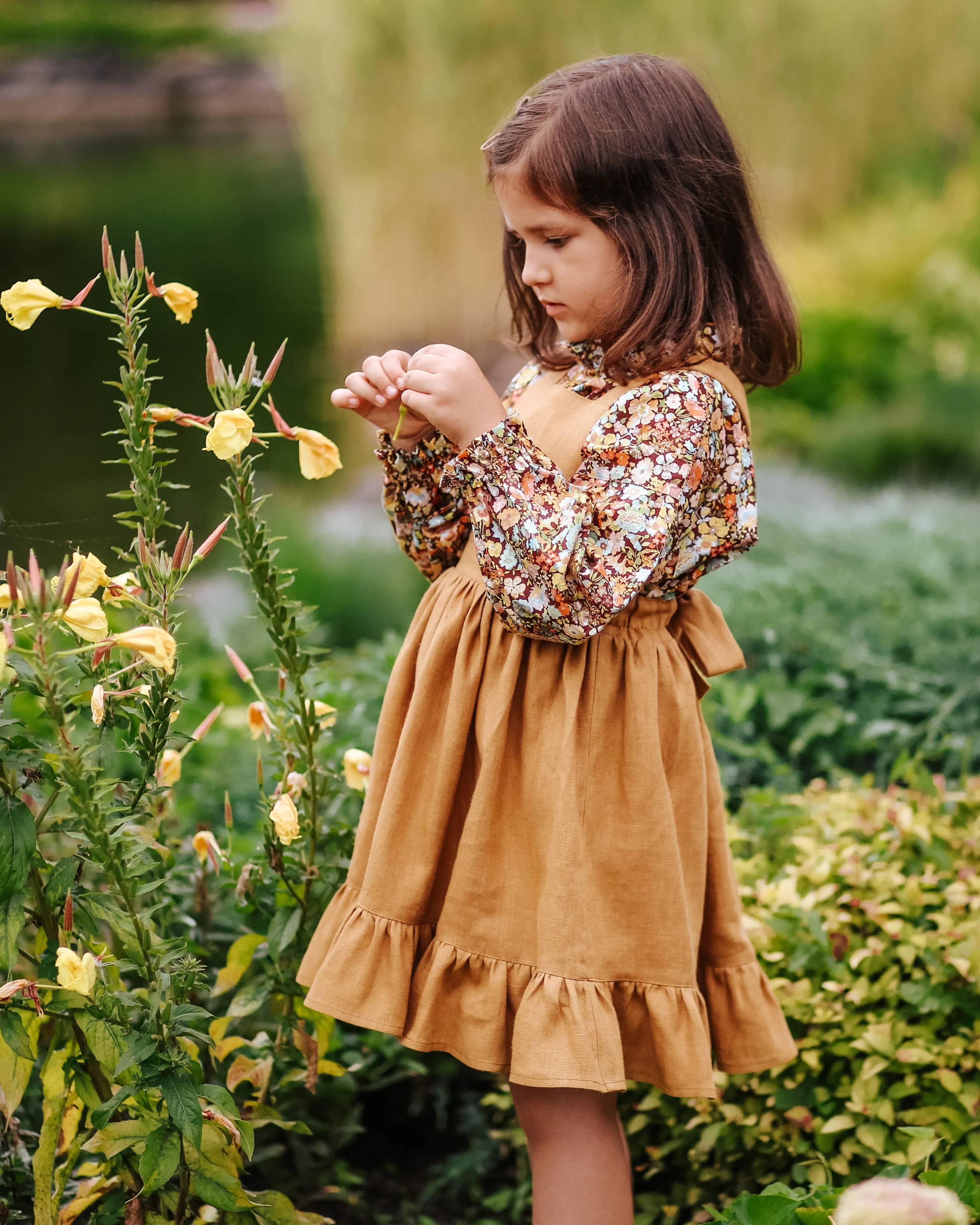 Mustard Linen Straps Pinafore with Ruffled Hem
