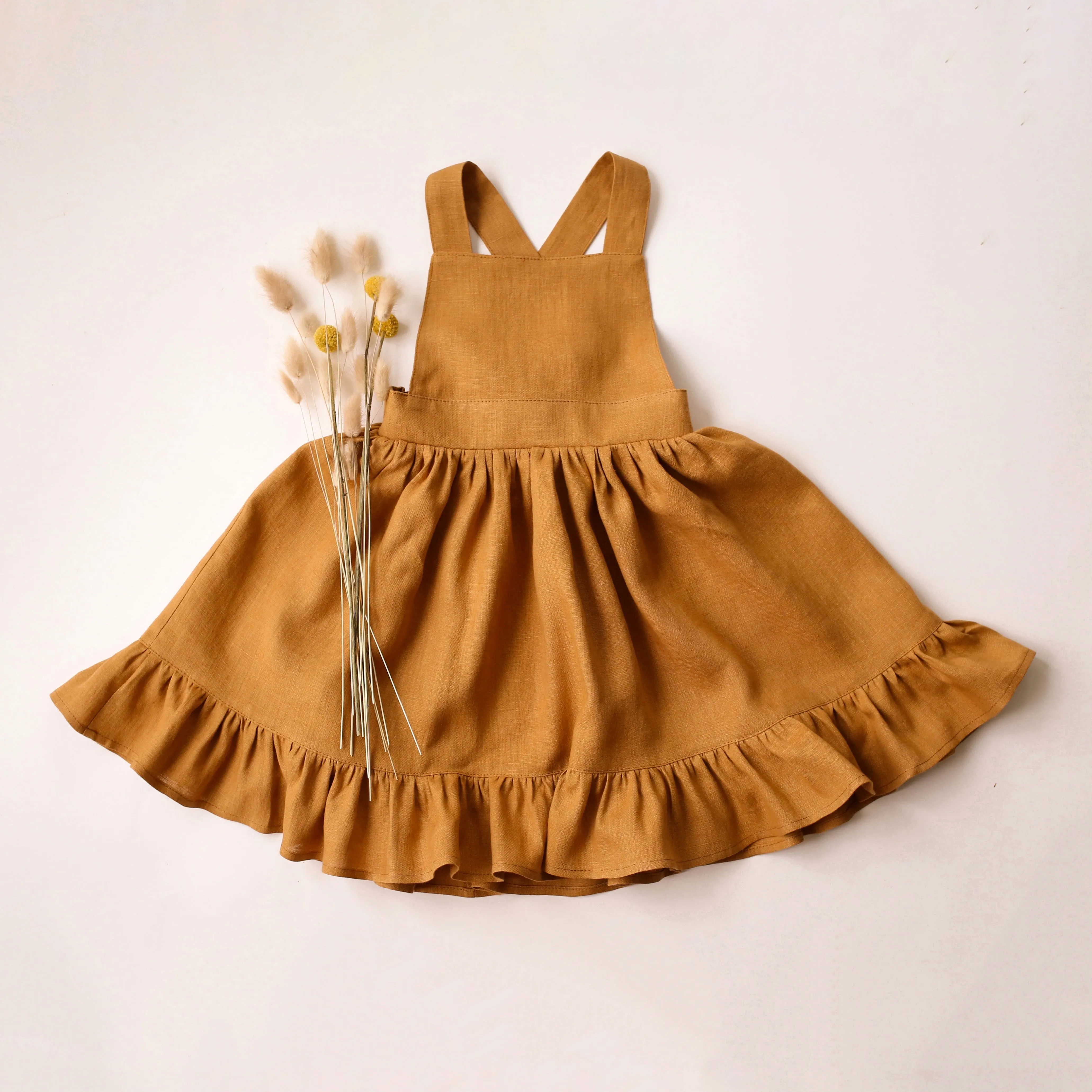 Mustard Linen Straps Pinafore with Ruffled Hem