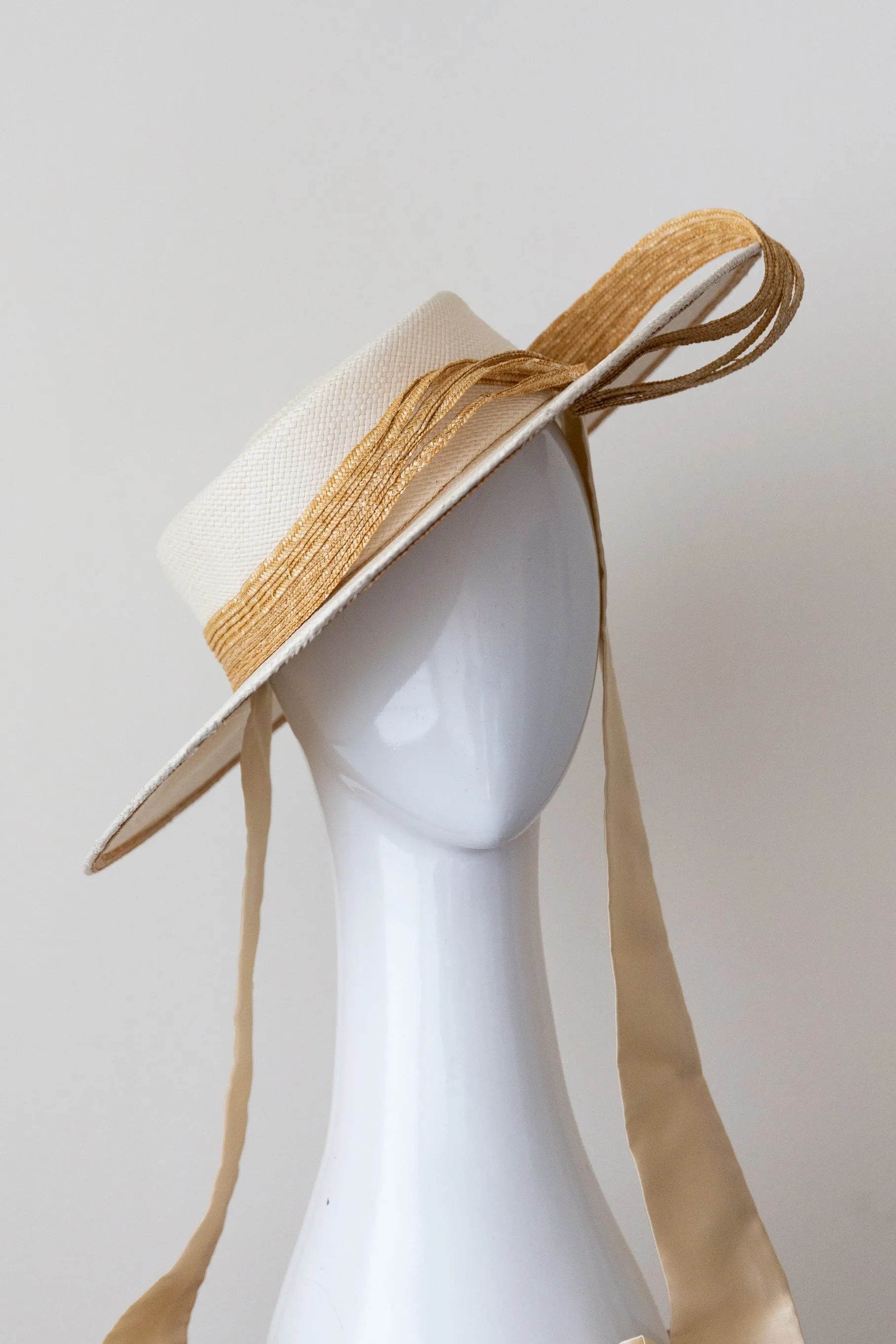 Off White Boater with Straw Swirls and Ties