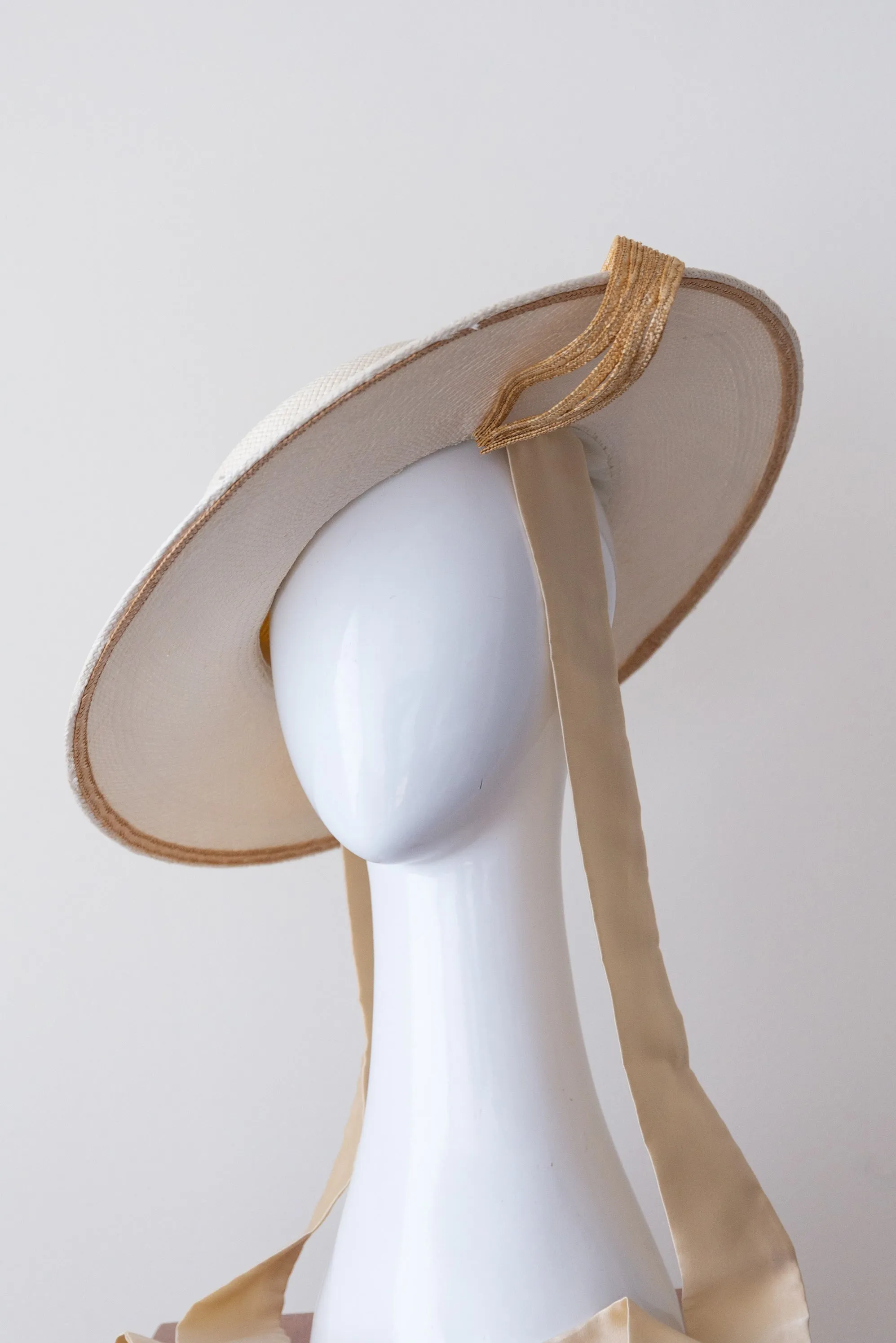 Off White Boater with Straw Swirls and Ties