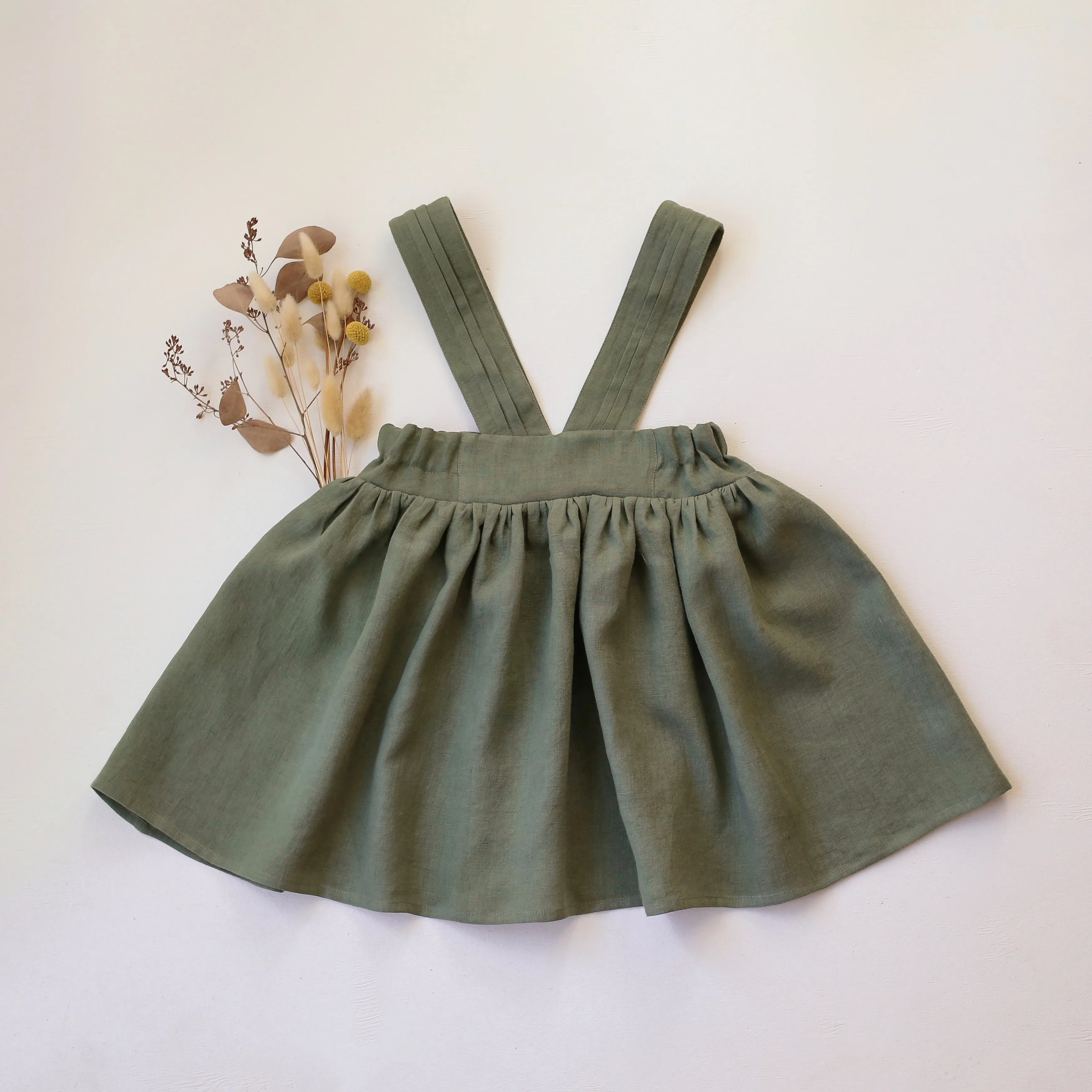 Olive Linen Pintuck Straps Pinafore