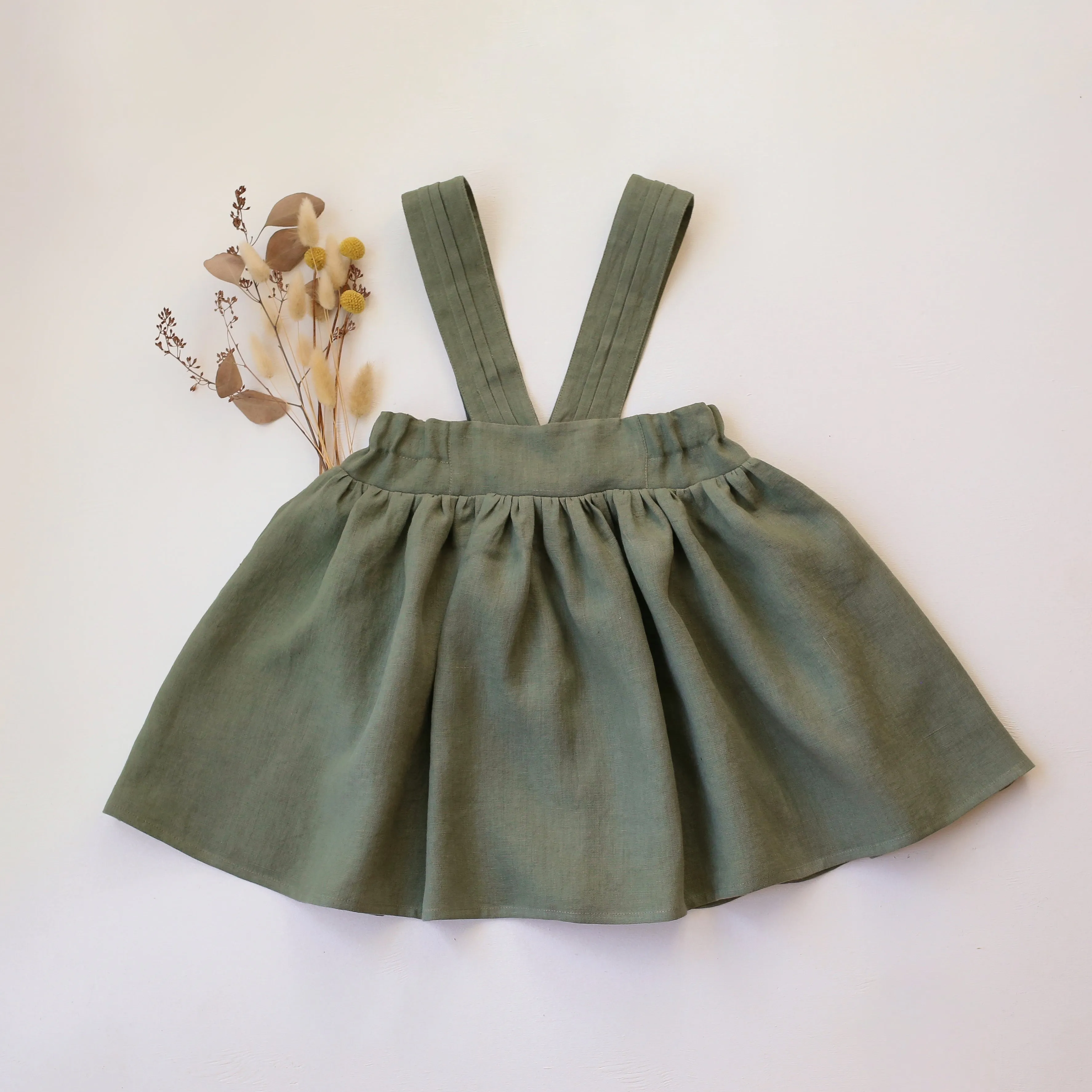 Olive Linen Pintuck Straps Pinafore