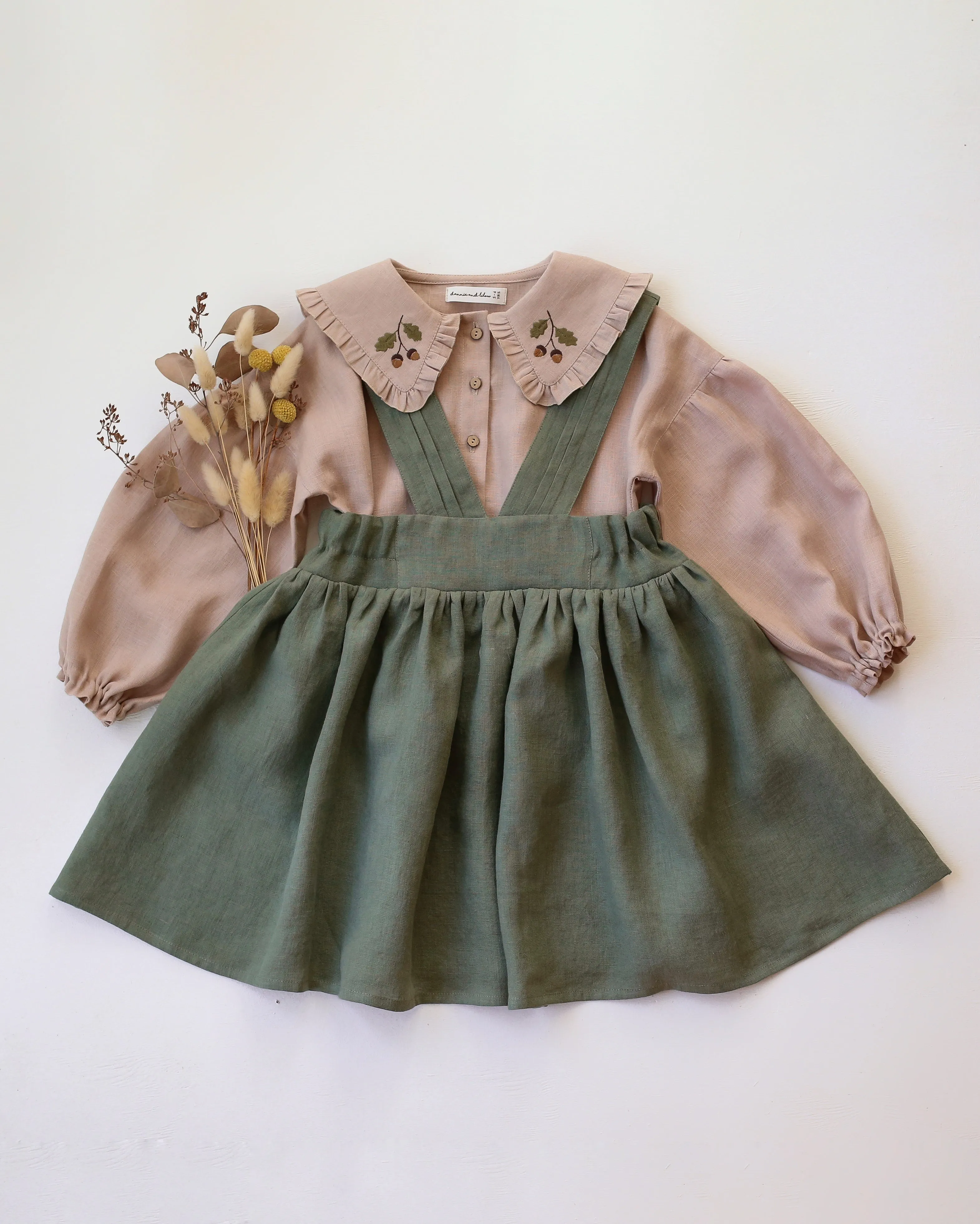 Olive Linen Pintuck Straps Pinafore