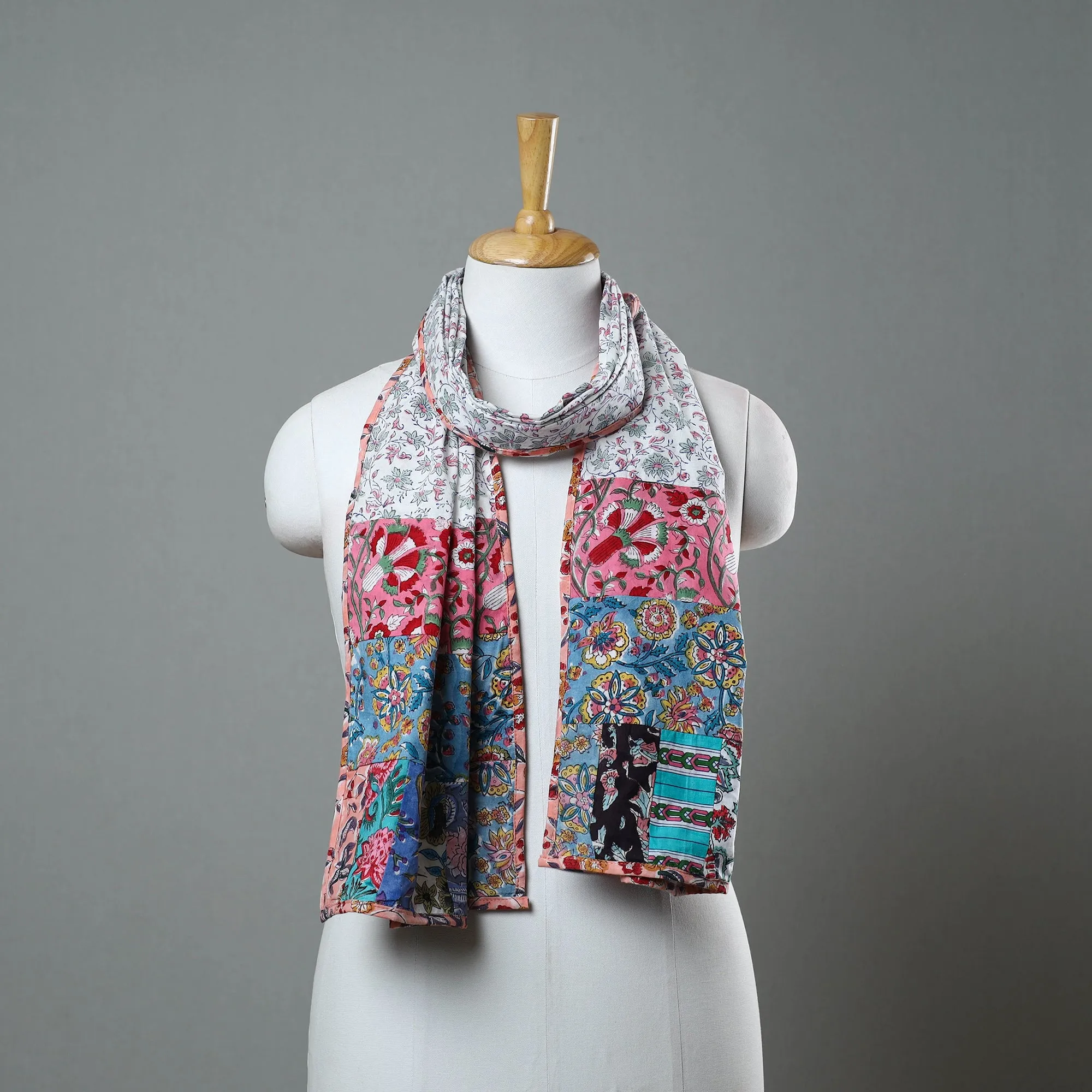 Patchwork Block Printed Cotton Sanganeri Stole 04