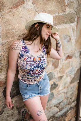 Patterned Ribbed Tank with flower