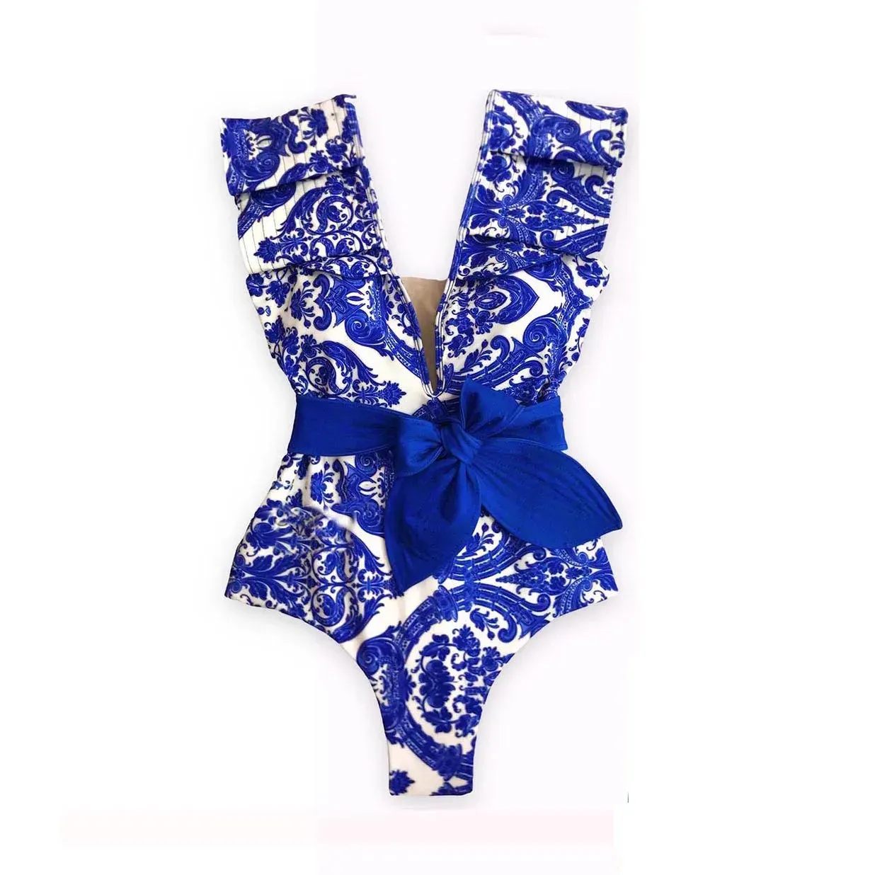 Porcelain Lemon Print Shoulder Ruffle Swimsuit With Cover Up